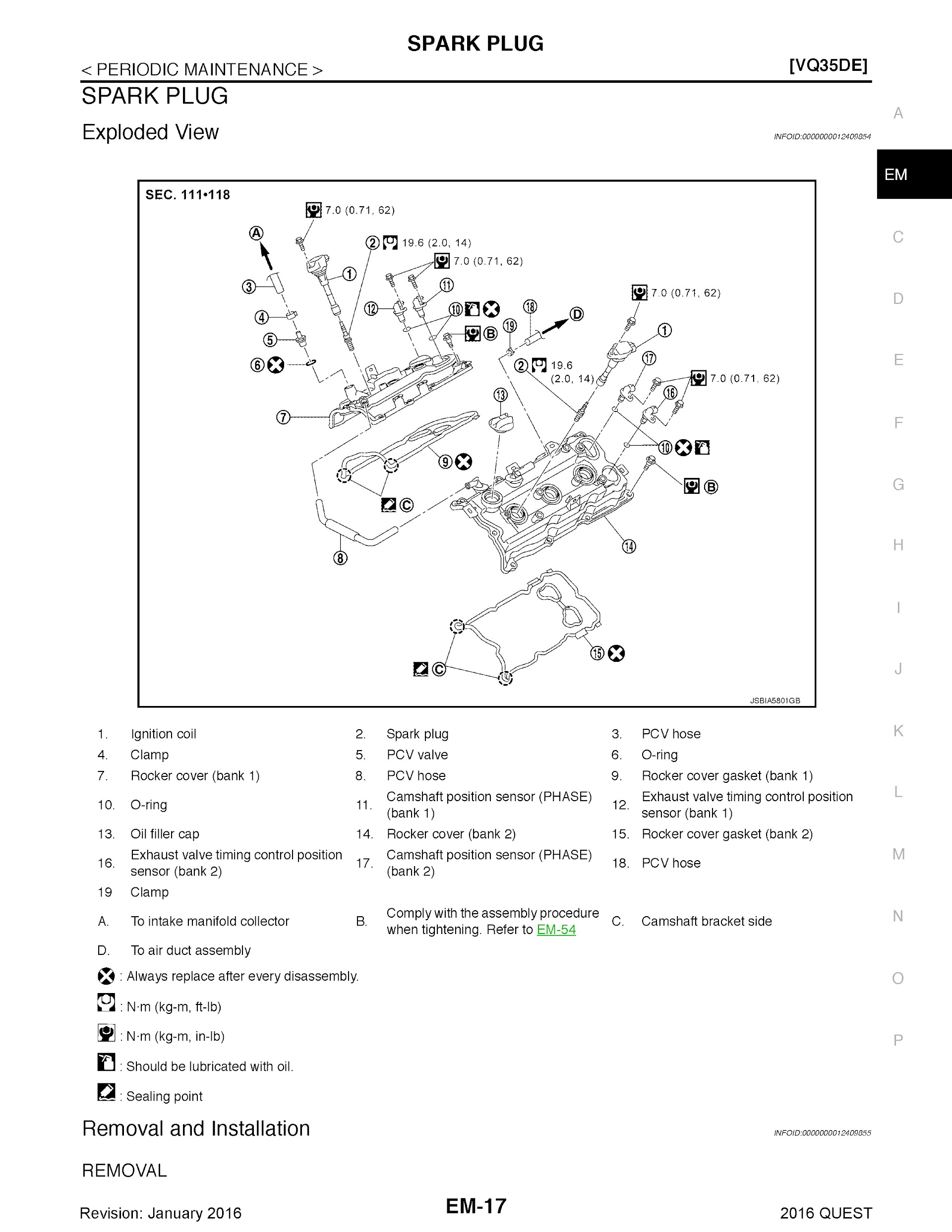 2016 Nissan Quest Repair Manual,, Spark Plug, Periodic Maintenance