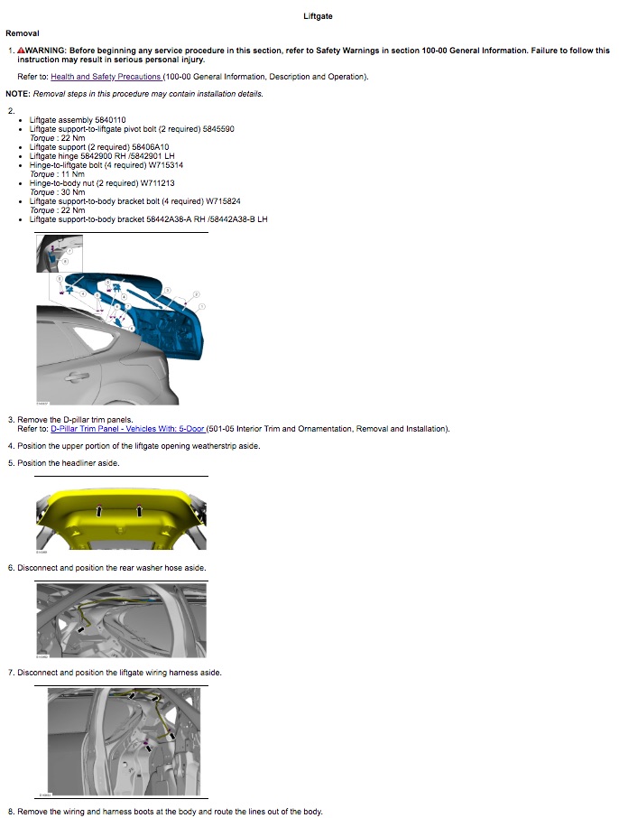 Ford Focus Repair Manual (2012-2013), Liftgate Removal and Installation