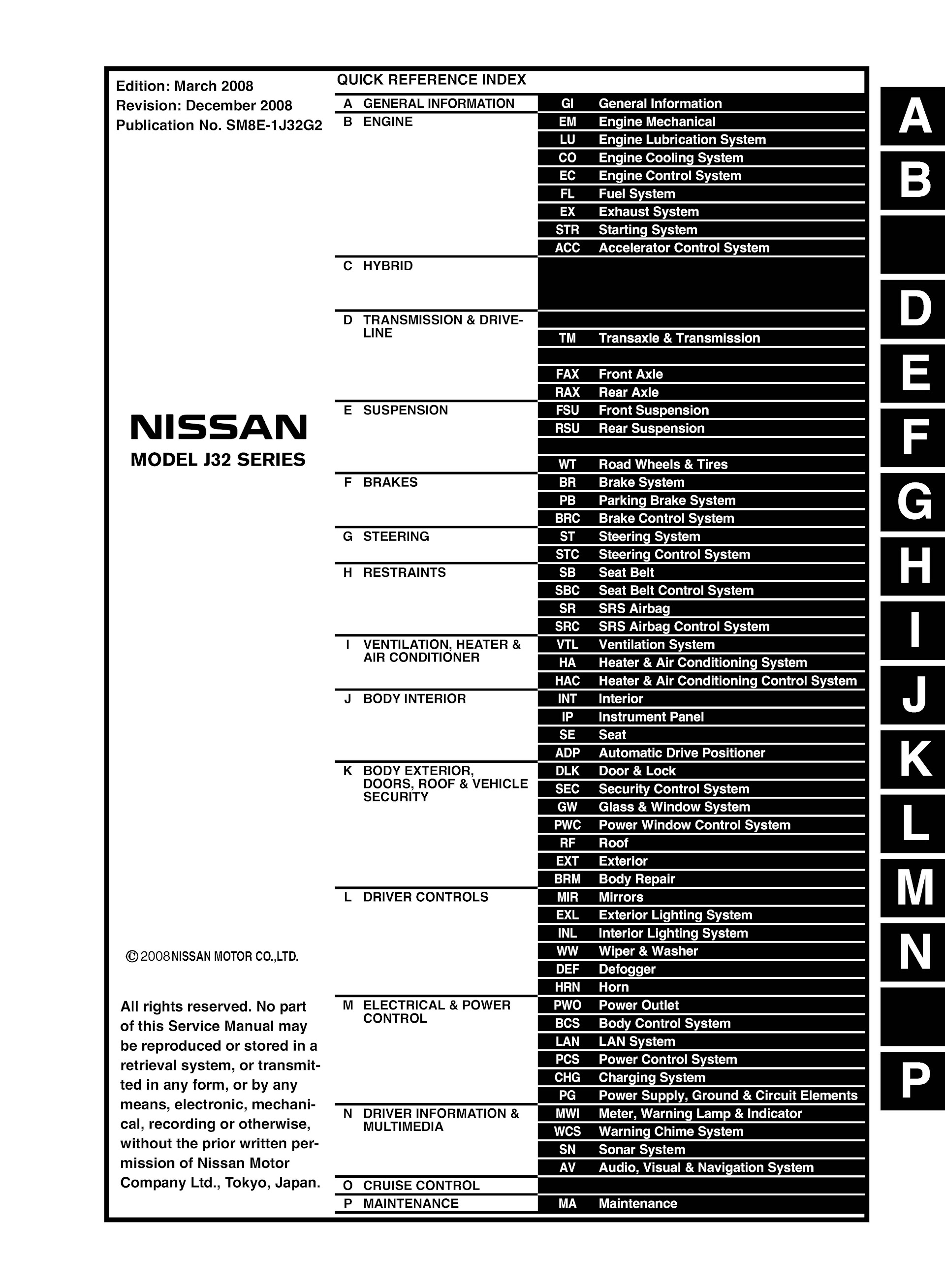 Table Of Contents: 2008-2013 Nissan Teana Repair Manual