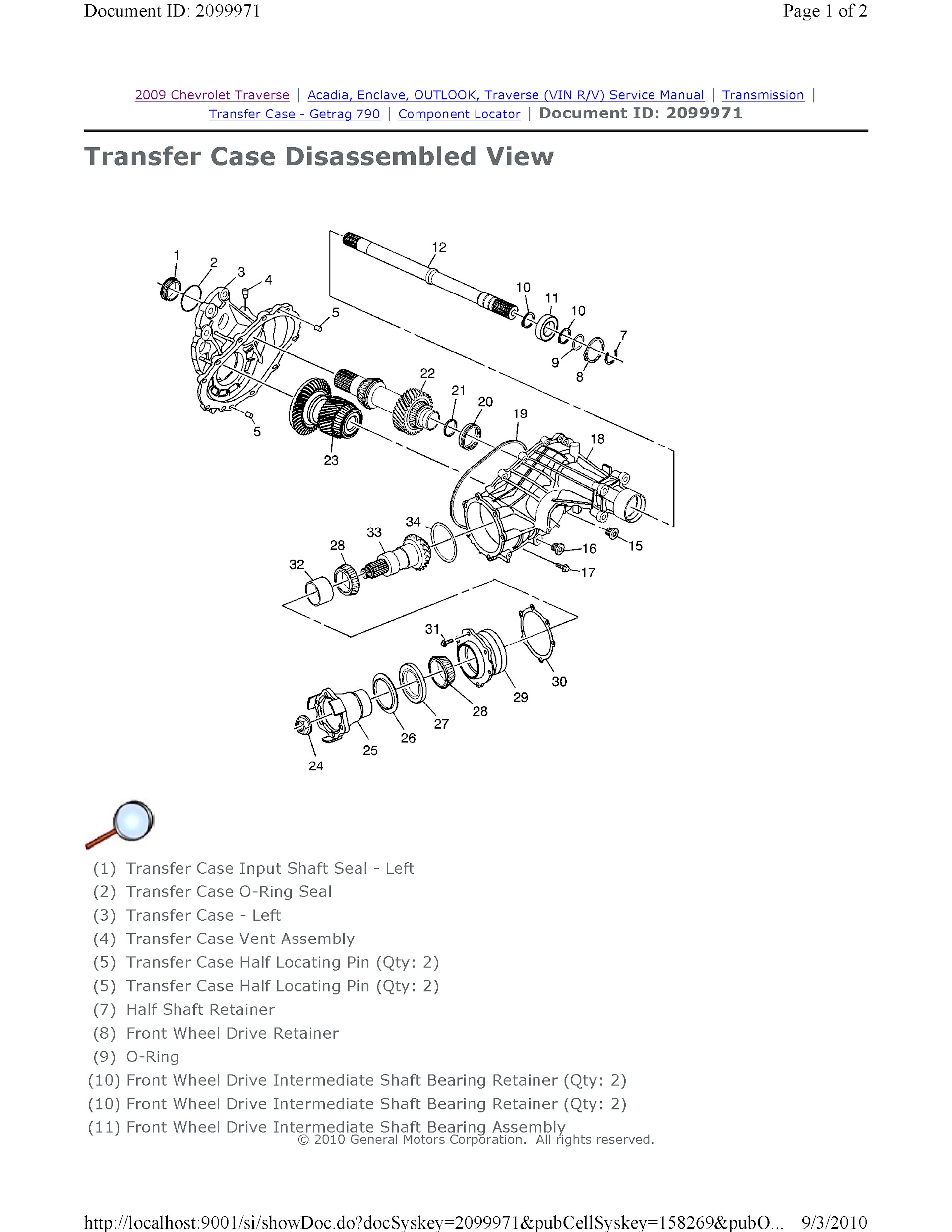 CONTENTS: 2009-2010 Chevrolet Traverse Repair Manual, transfer case disassmbled