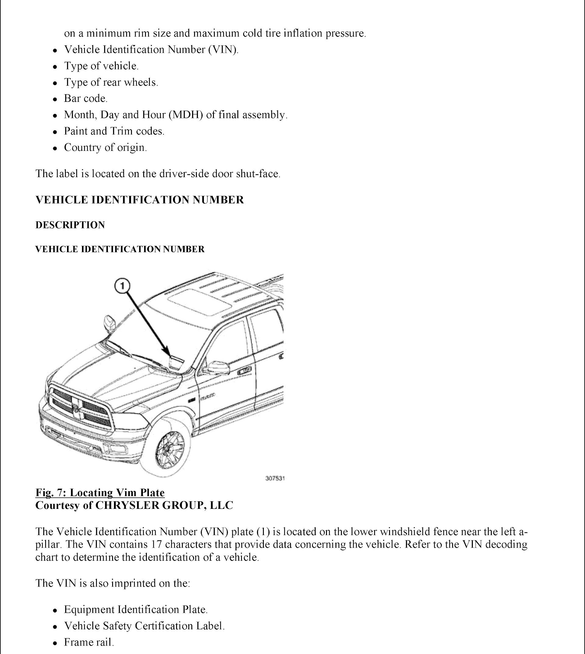 2012 Dodge Ram 3500 2500 Repair Manual, Vin Plate Location