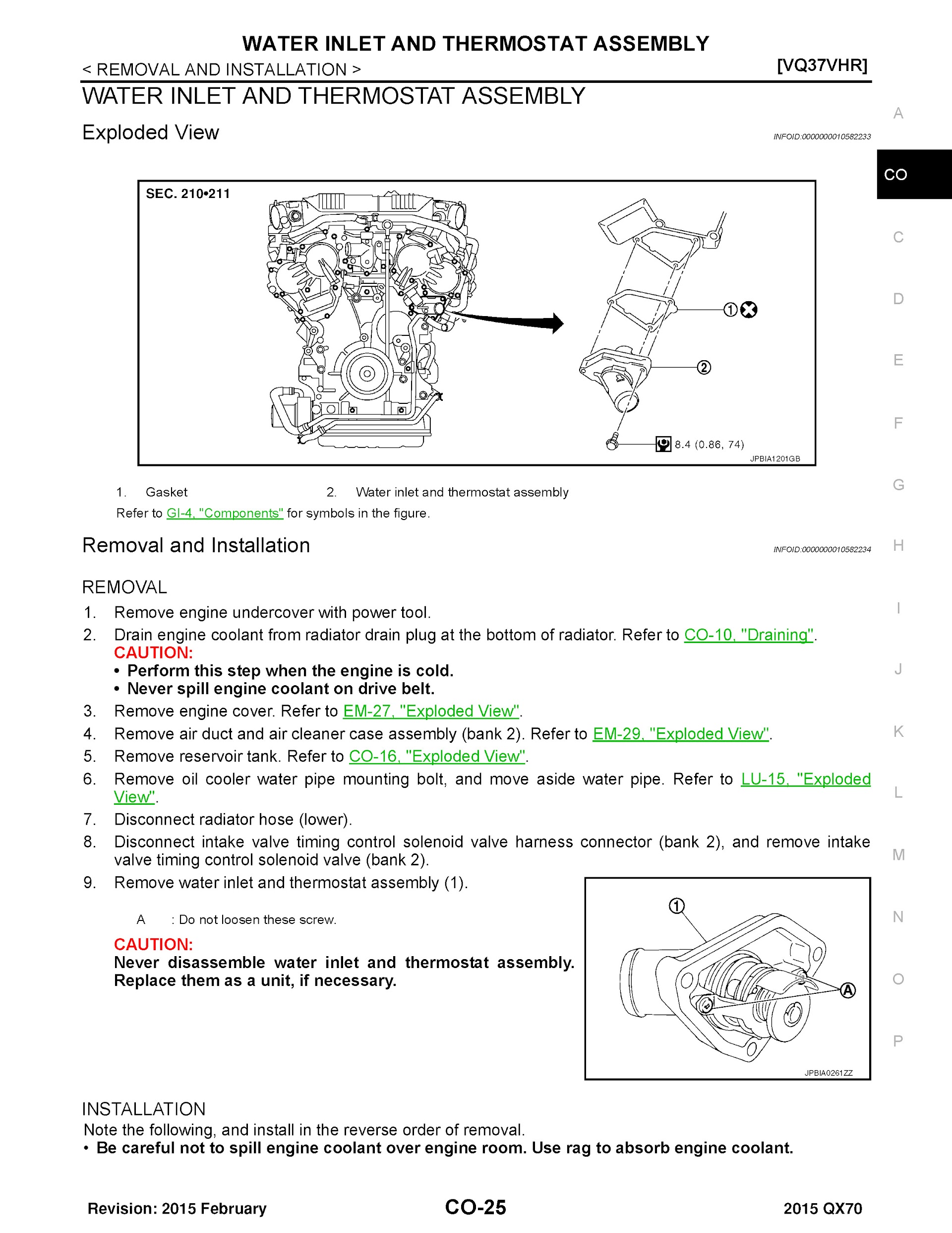 2015 Infiniti QX70 Repair Manual, Water Inlet and Themostat Assembly