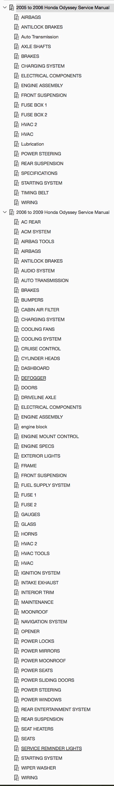 Table of Contents 2005-2009 Honda Odyssey Repair Manual