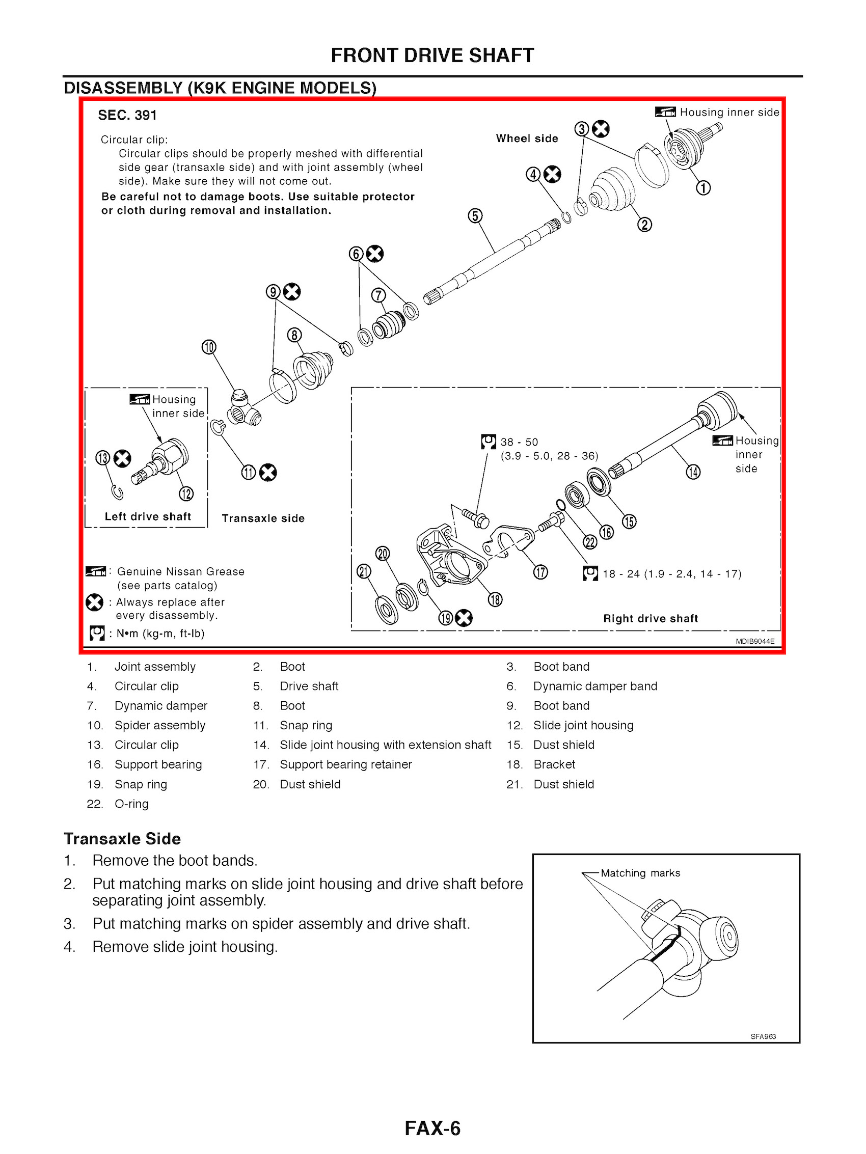 Nissan Micra Repair Manual, front drive shaft removal and installation