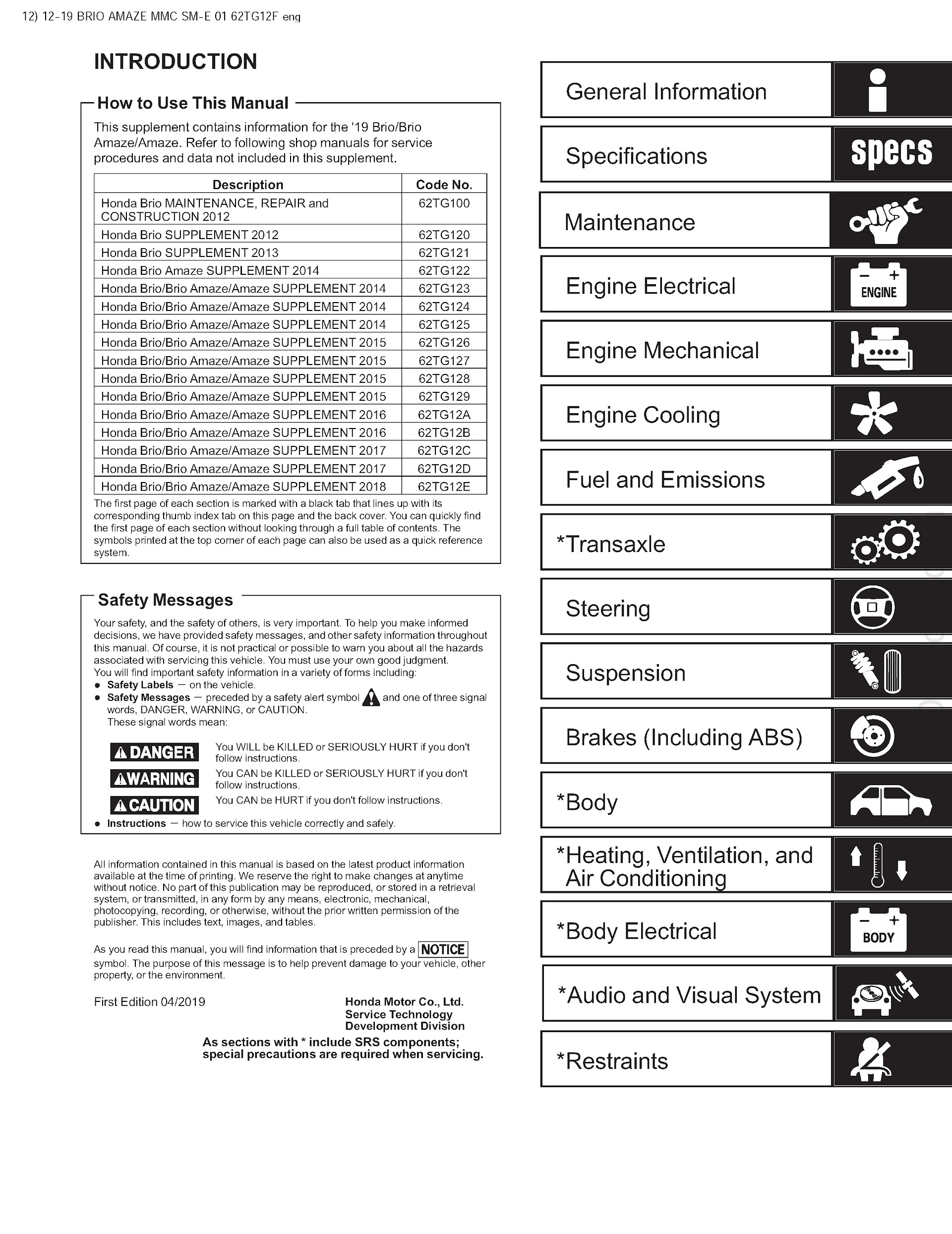 Table of Contents 2012-2020 Honda Brio Repair Manual