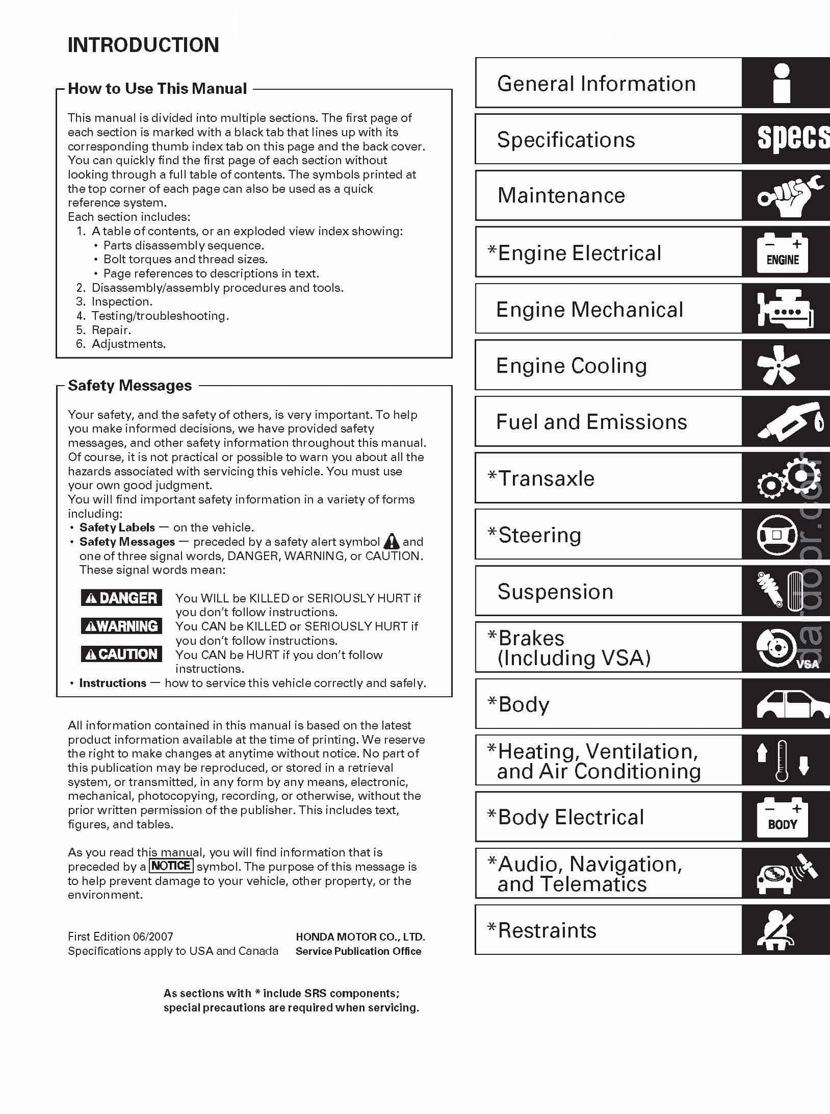 Contents 2008 Honda Ridgeline Repair Manual