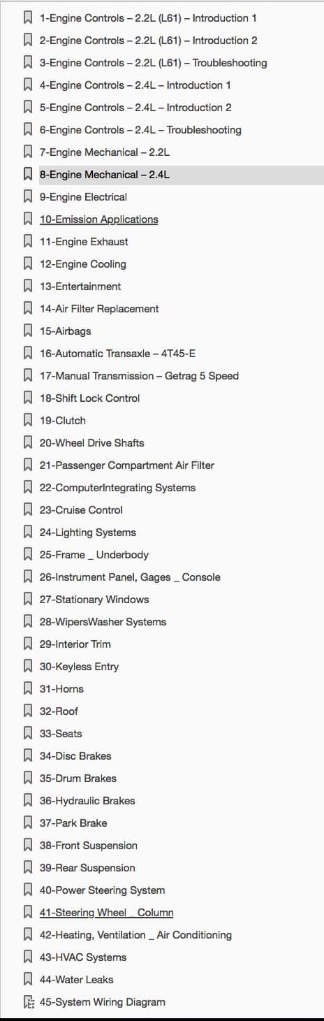 Table of Contents 2006-2008 Chevrolet HHR Repair Manual