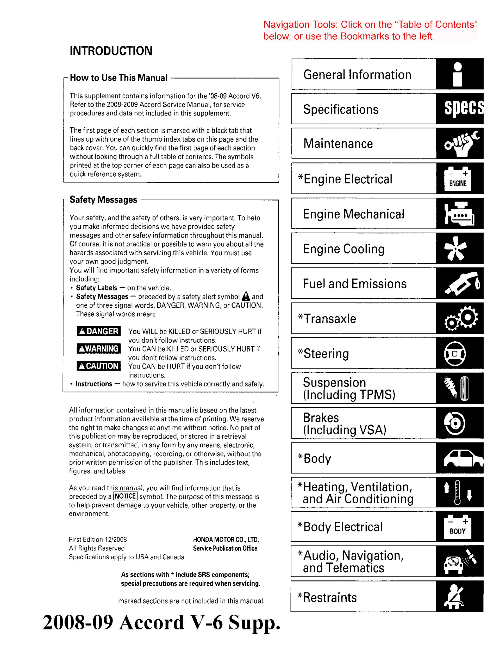 Table of Contents Honda Accord Repair Manual (2008–2010) PDF