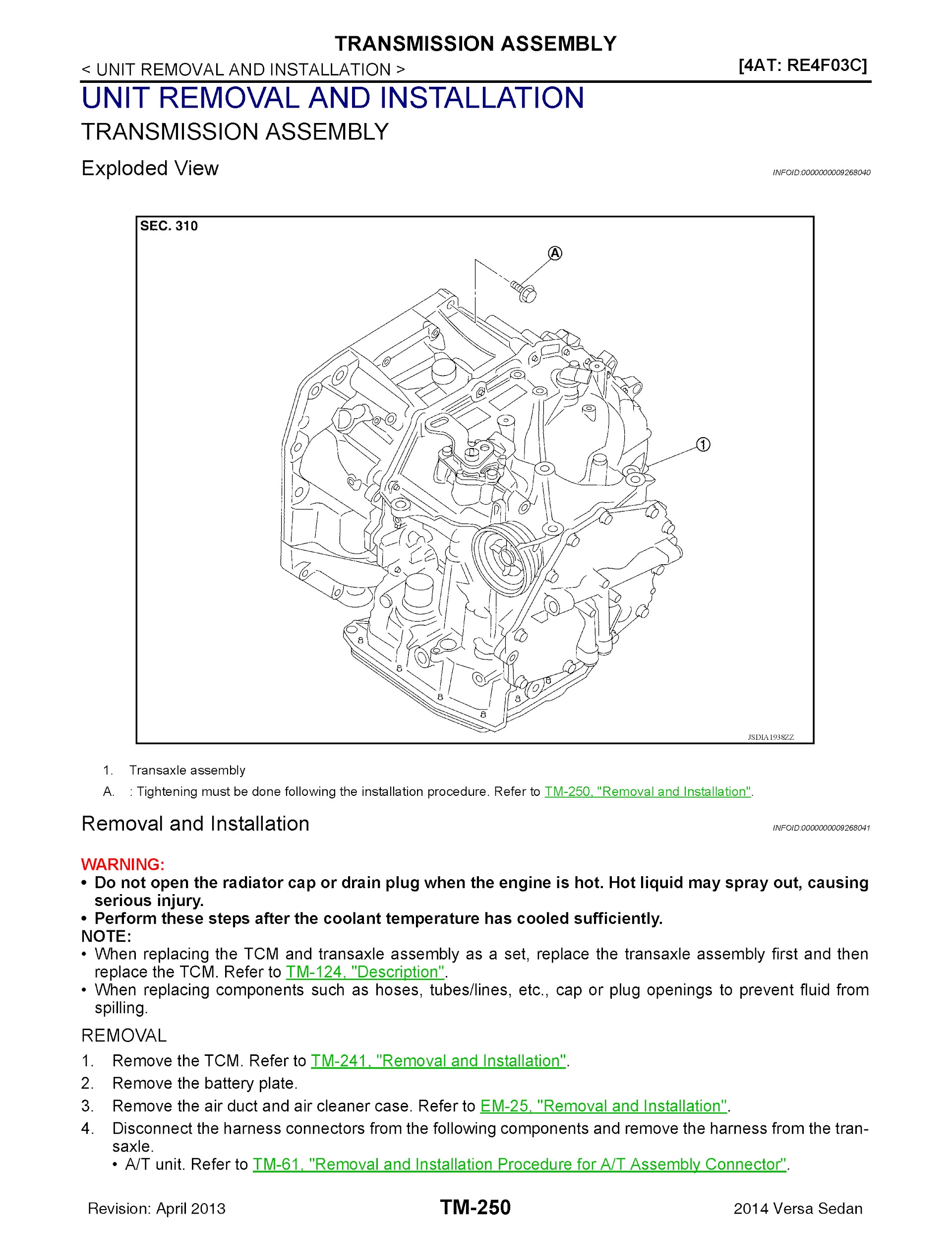 2014 Nissan Versa Sedan Repair Manual, Tranmission Assembly Unit Removal and Installation