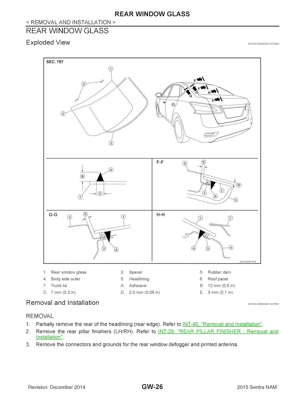 2015 Nissan Sentra Repair Manual, Rear Window Glass Removal and Installation