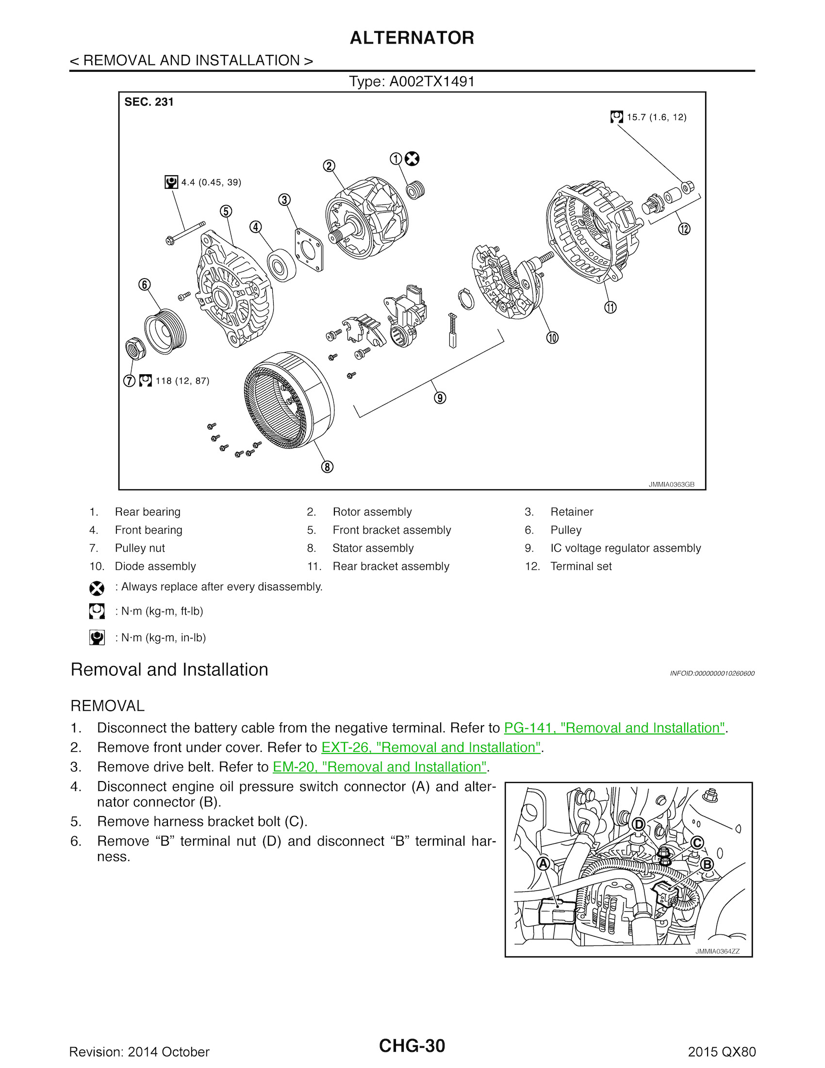 2015 Infiniti QX80 Repair Manual, alternator Removal and Installation