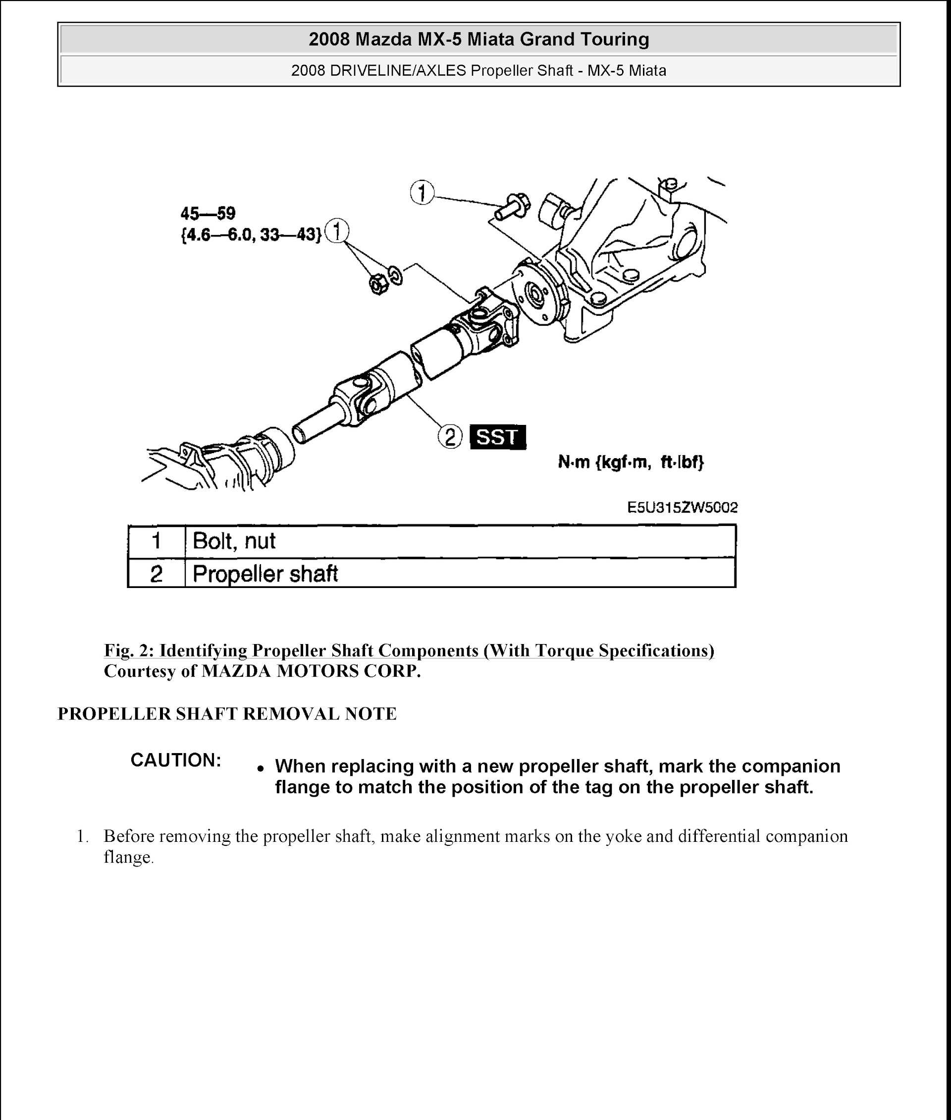 2006-2013 Mazda Miata MX-5 Repair Manual, Propeller Shaft