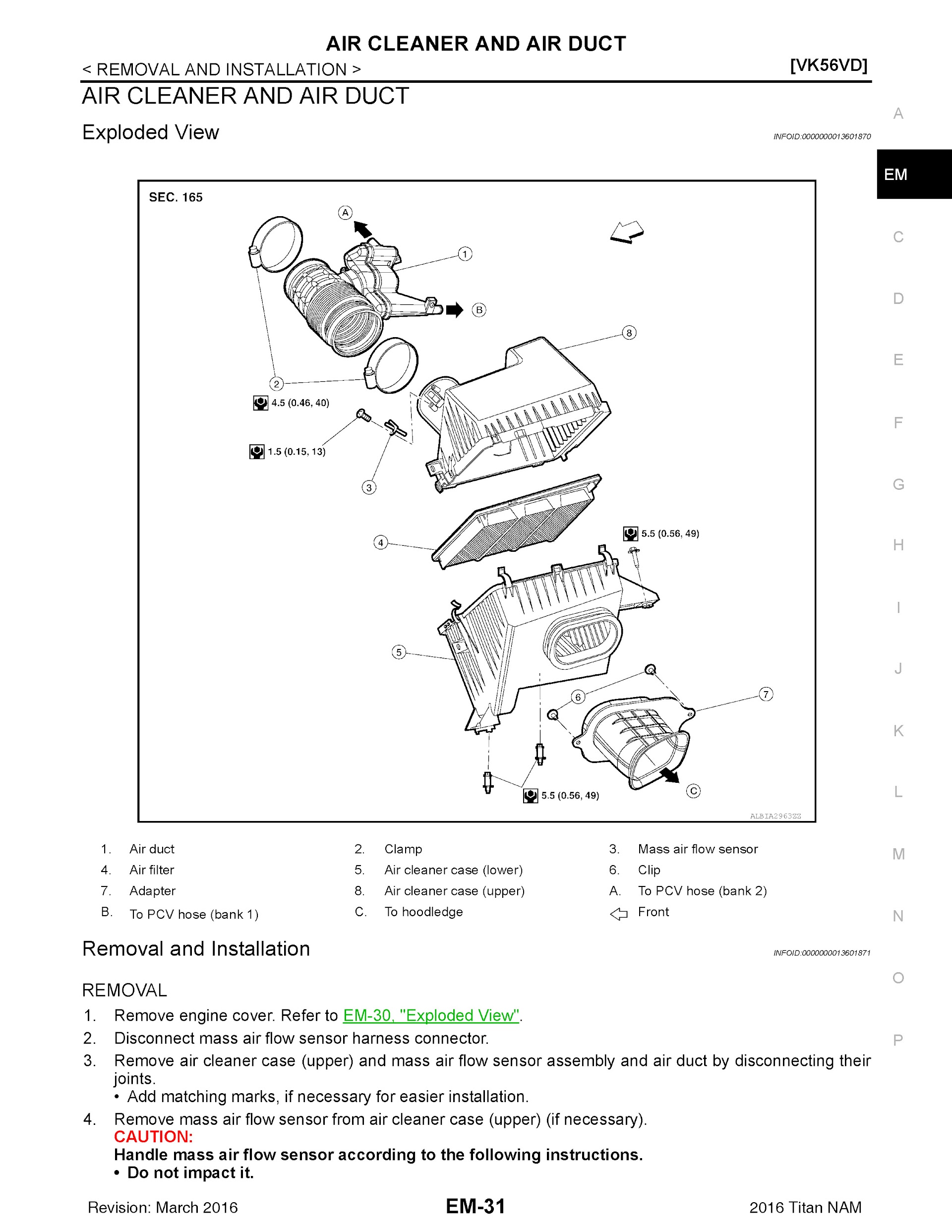 2015 Nissan Titan Repair Manual, air Cleaner and Air Duct Removal and Installation