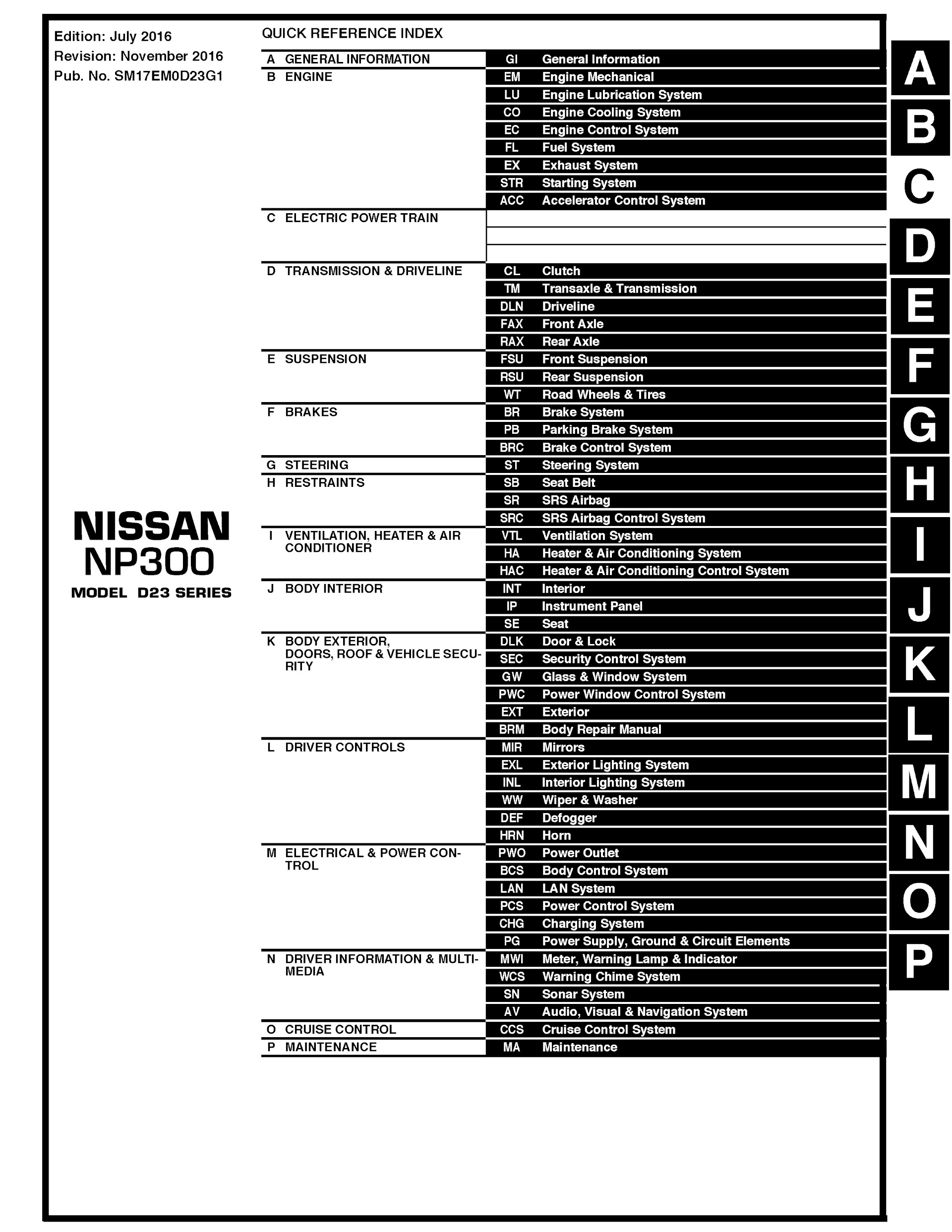 table of contents 2015-2020 Nissan Navara NP300 repair manual