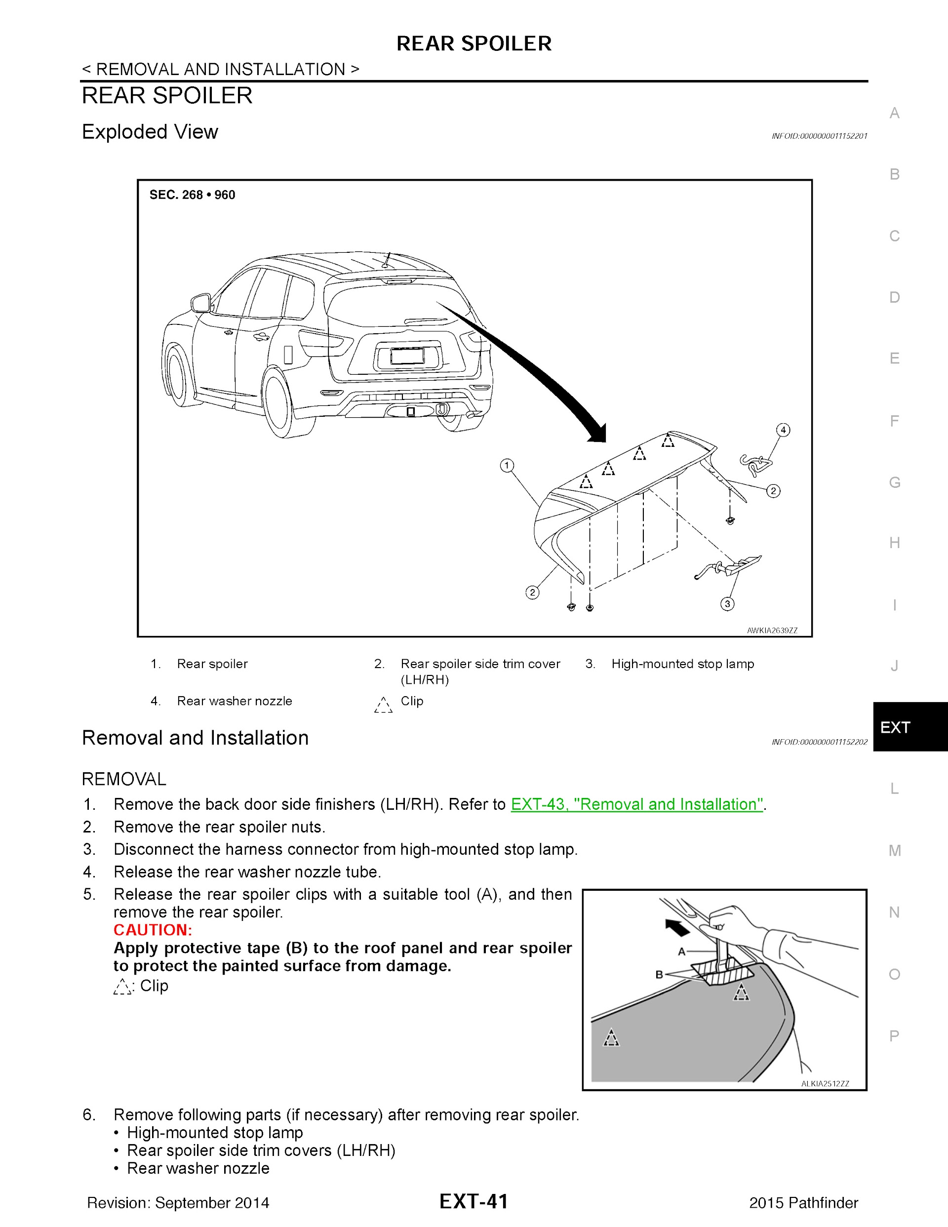 2015 Nissan Pathfinder Repair Manual, Rear Spoiler Removal and Installation