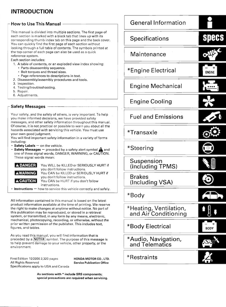 Table of Contents 2007-2011 Honda CR-V Repair Manual