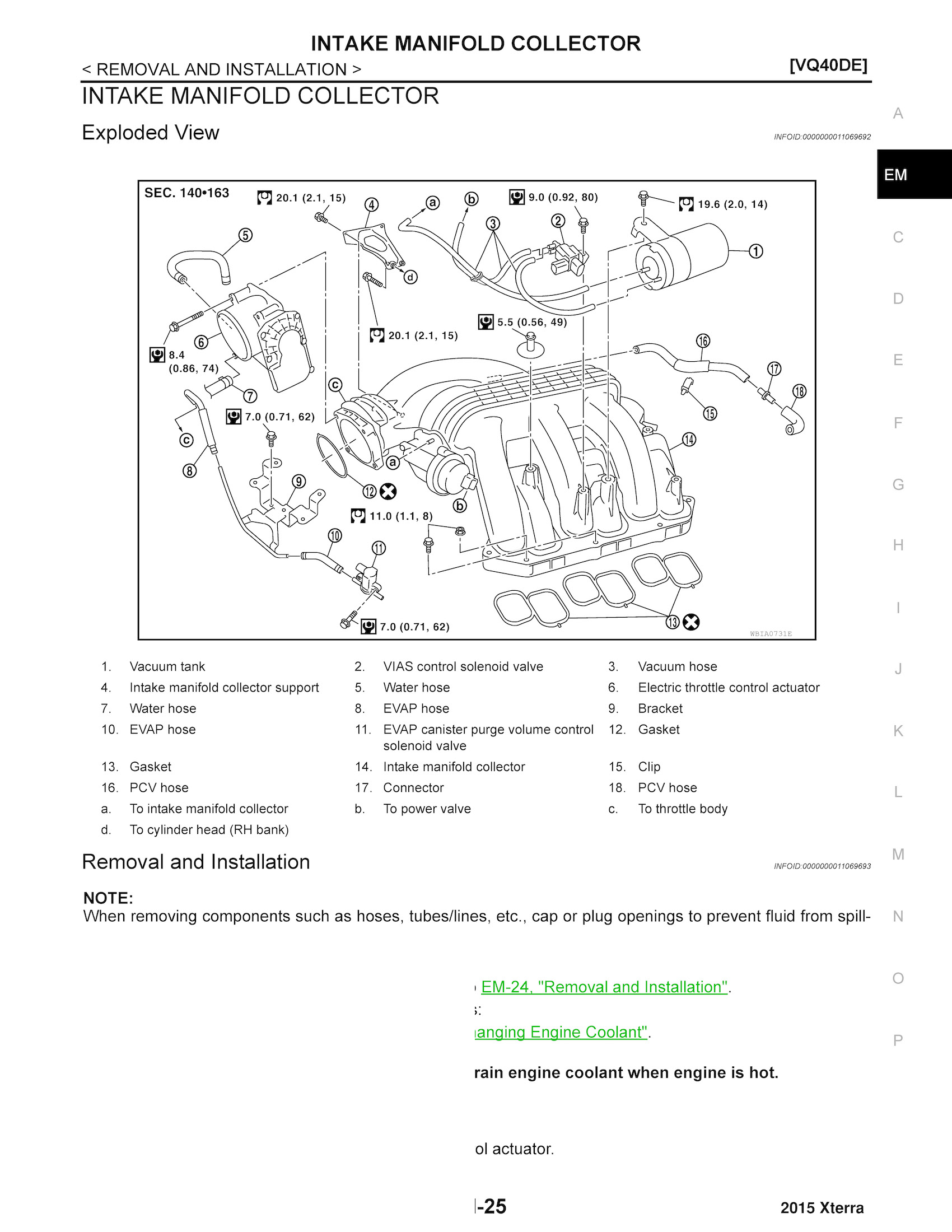2015 Nissan Xterra Repair Manual, Intake Manifold Collector Removal and Installation