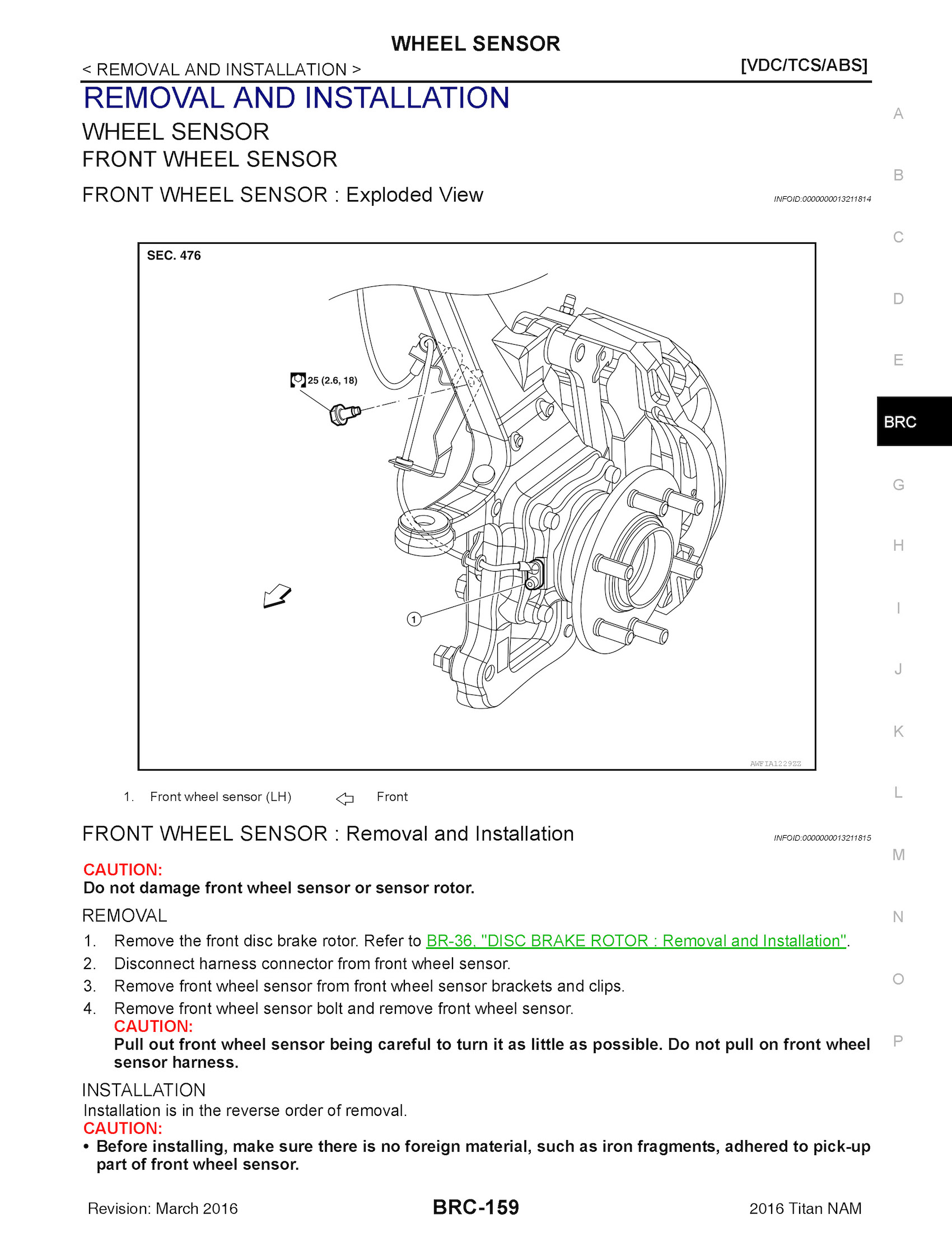 2016 Nissan Titan XD Repair Manual, Wheel Sensor Removal and Installation