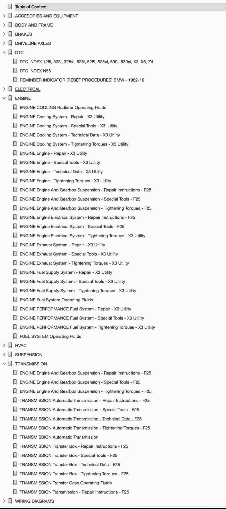 Table of Contents 2010-2017 BMW X3 Series Repair Manual