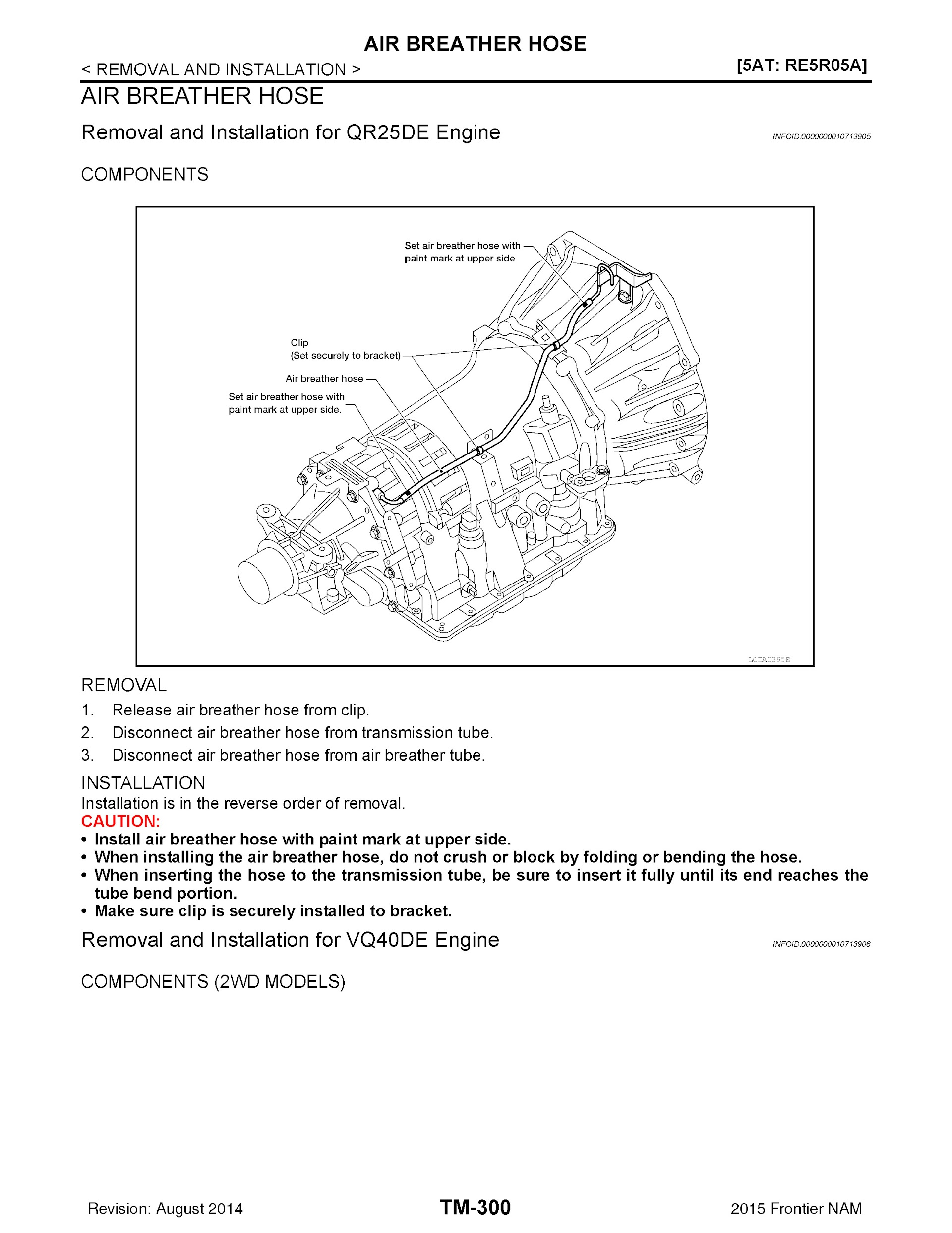 2015 Nissan Frontier Repair Manual, Removal and installation for QR25DE Engine