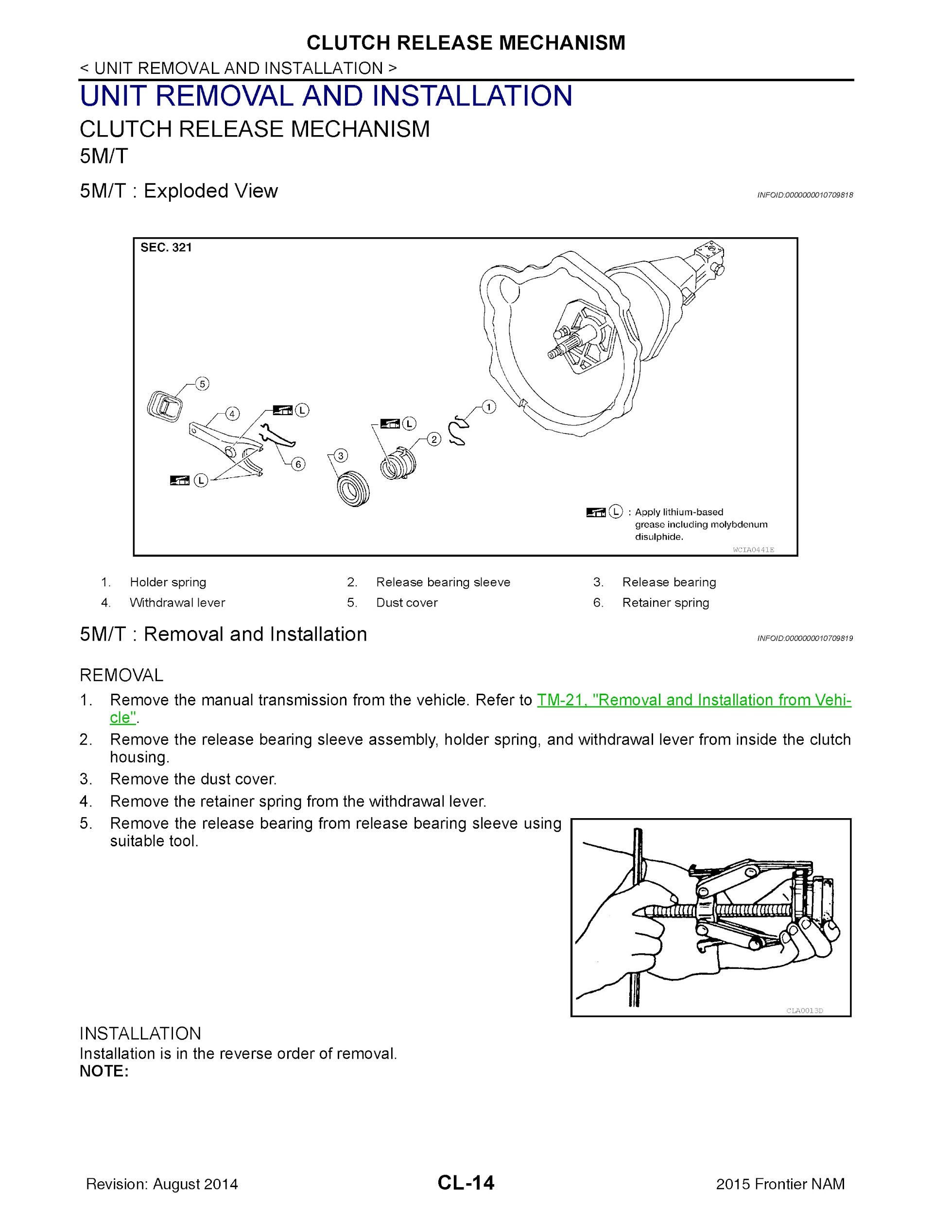 2015 Nissan Frontier Repair Manual, Clutch Unit Removal and Installation
