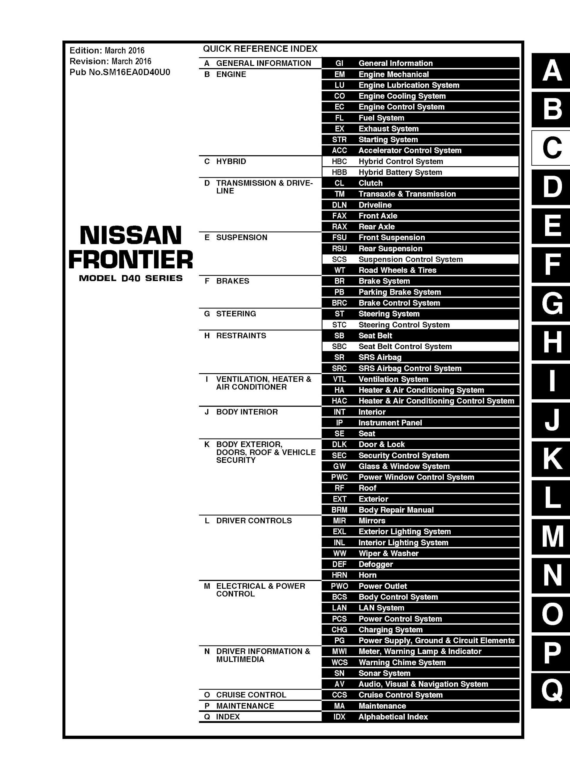 Table of Contents 2017 Nissan Frontier Repair Manual