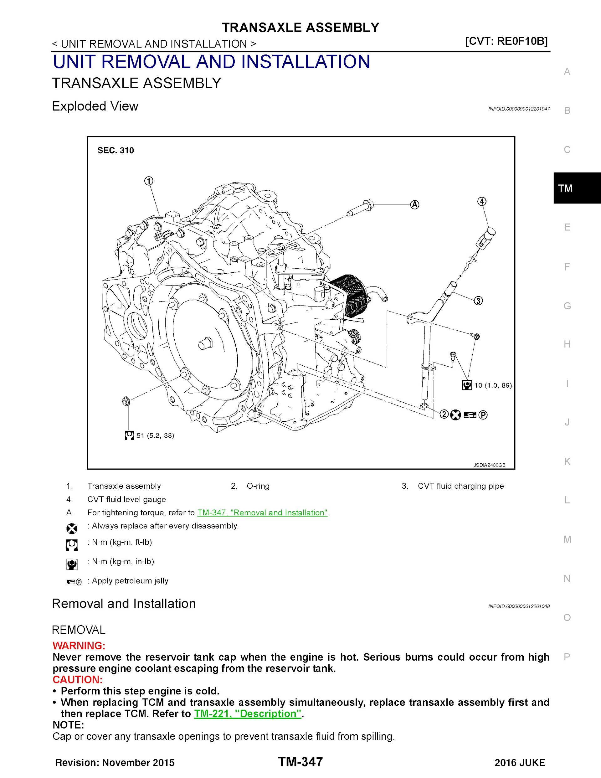 CONTENTS: 2016 Nissan Juke Repair Manual, Transaxle Assembly Unit Removal and Installation