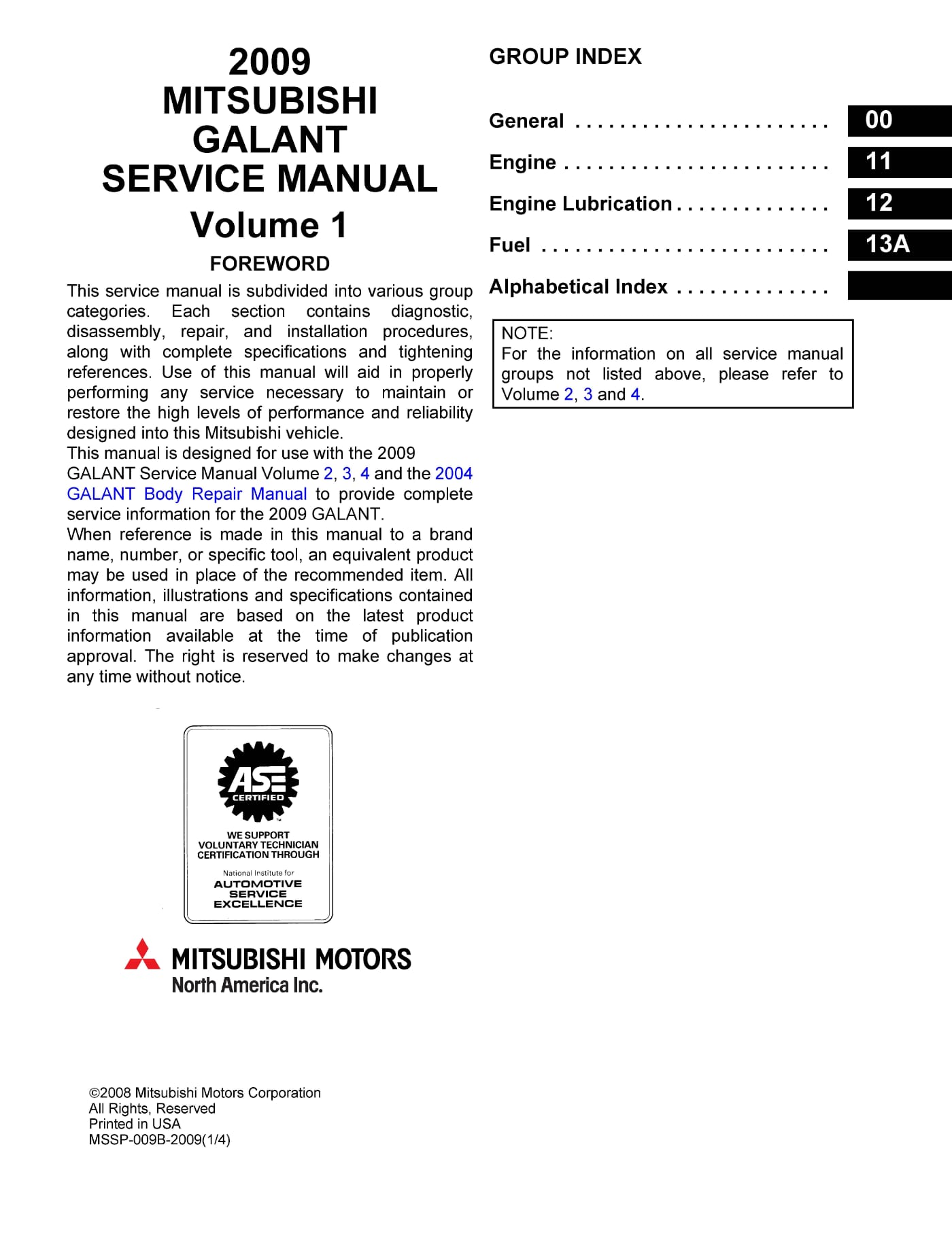 Table of Contents 2009-2012 Mitsubishi Galant Repair Manual - Volume 1