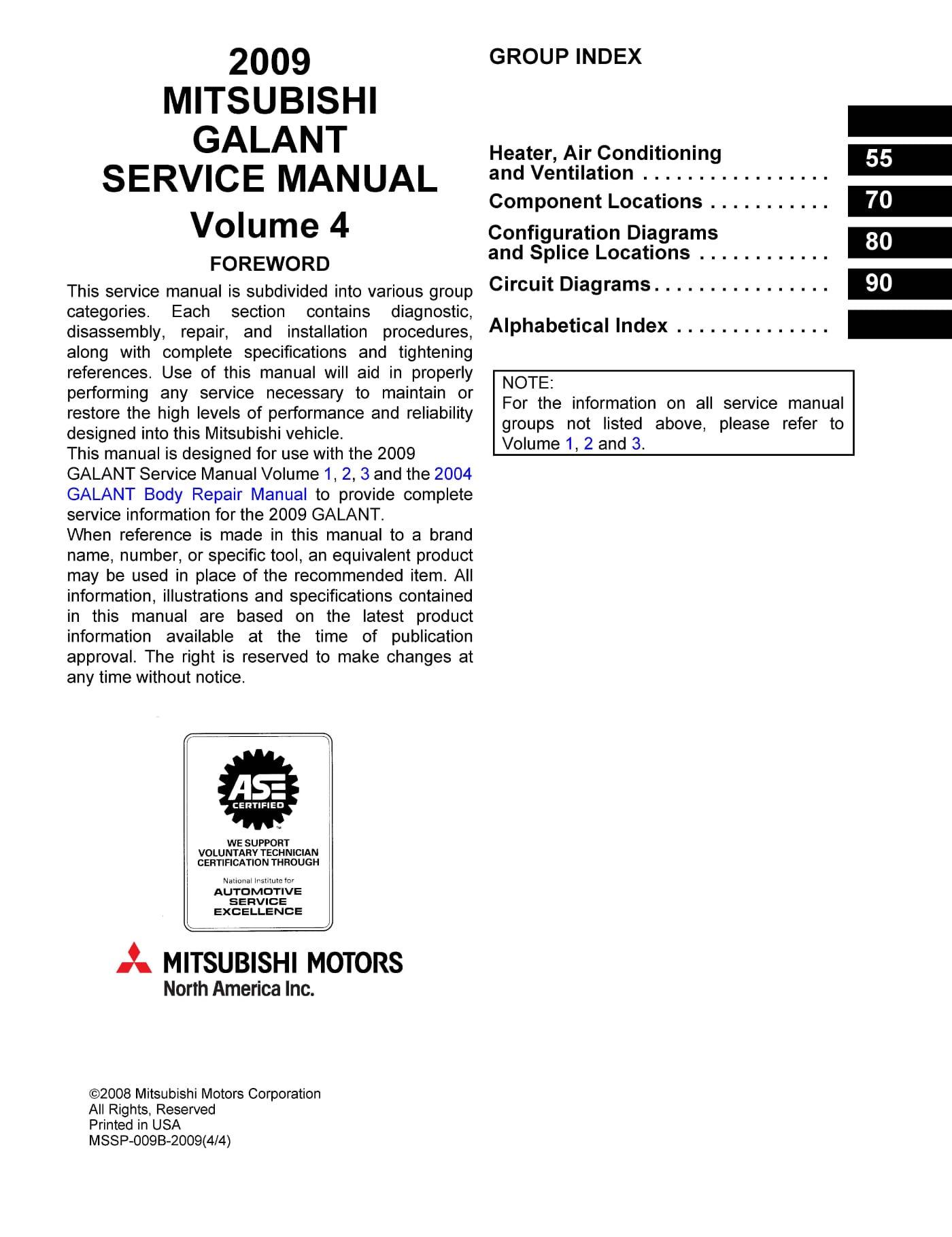 Table Of Contents 2009-2012 Mitsubishi Galant Repair Manual - Volume 4