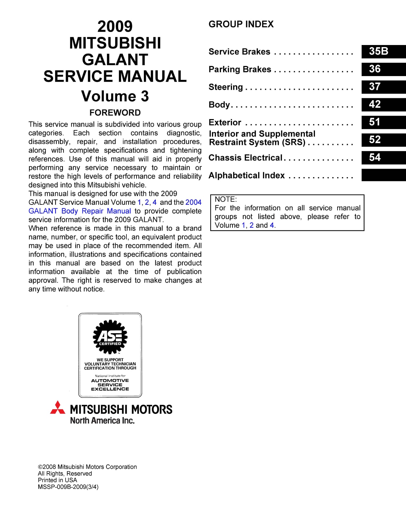 Table Of Contents 2009-2012 Mitsubishi Galant Repair Manual - Volume 3