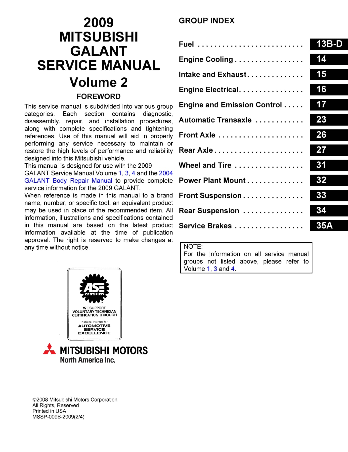 Table of Contents 2009-2012 Mitsubishi Galant Repair Manual - Volume 2