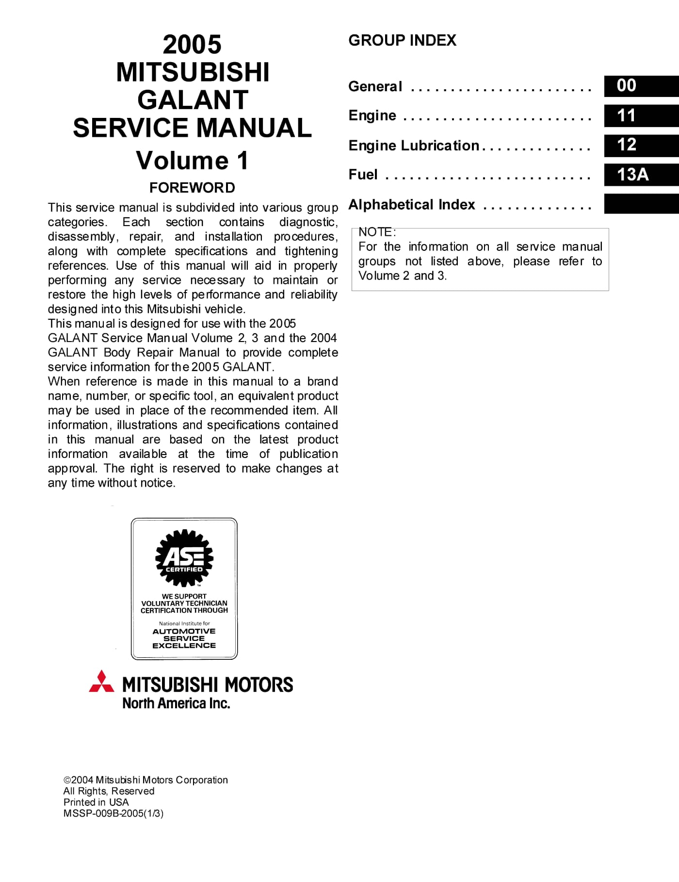 Table Of Contents 2005 Mitsubishi Galant Repair Manual - Volume 1