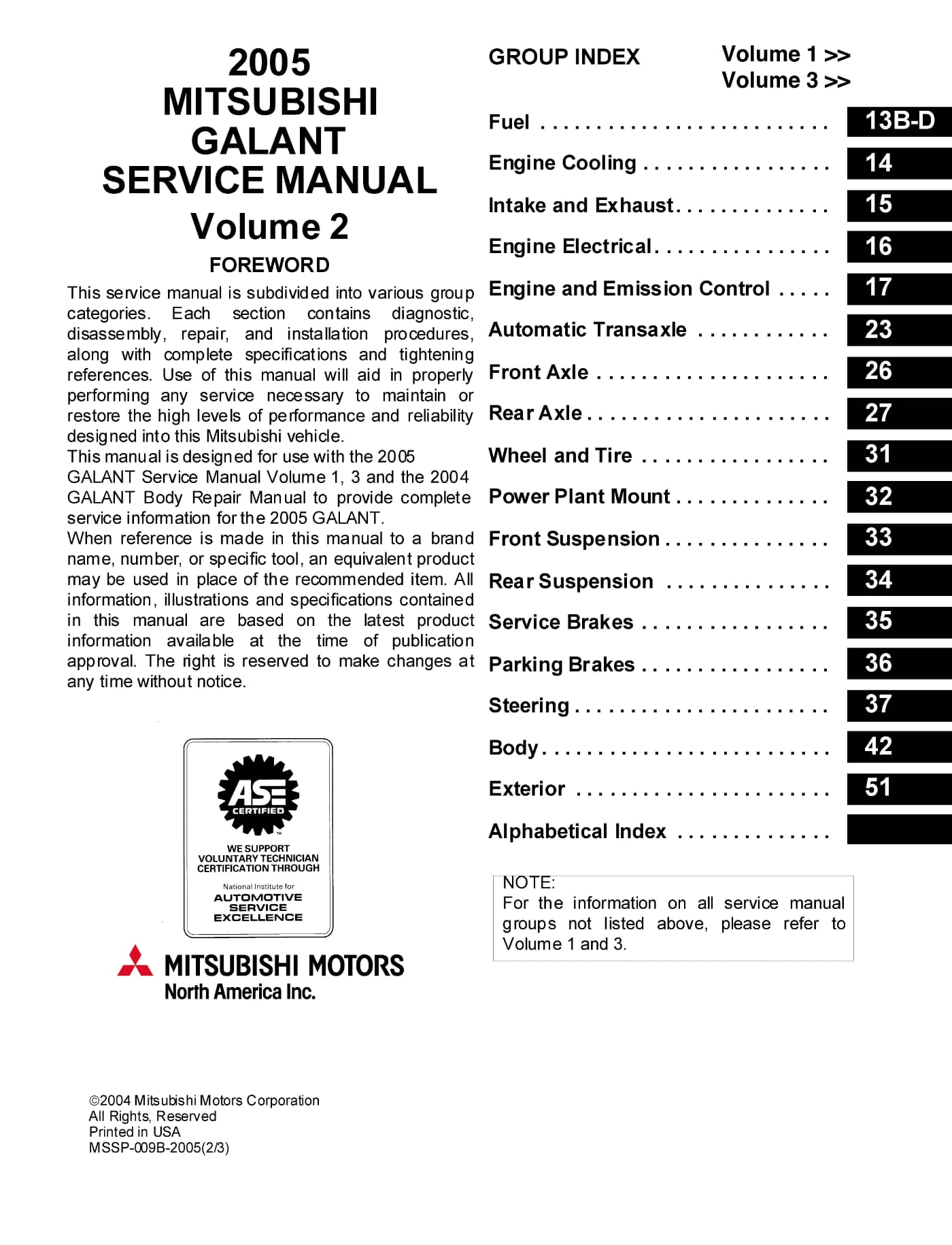Table of Content 2005 Mitsubishi Galant Repair Manual - Volume 2
