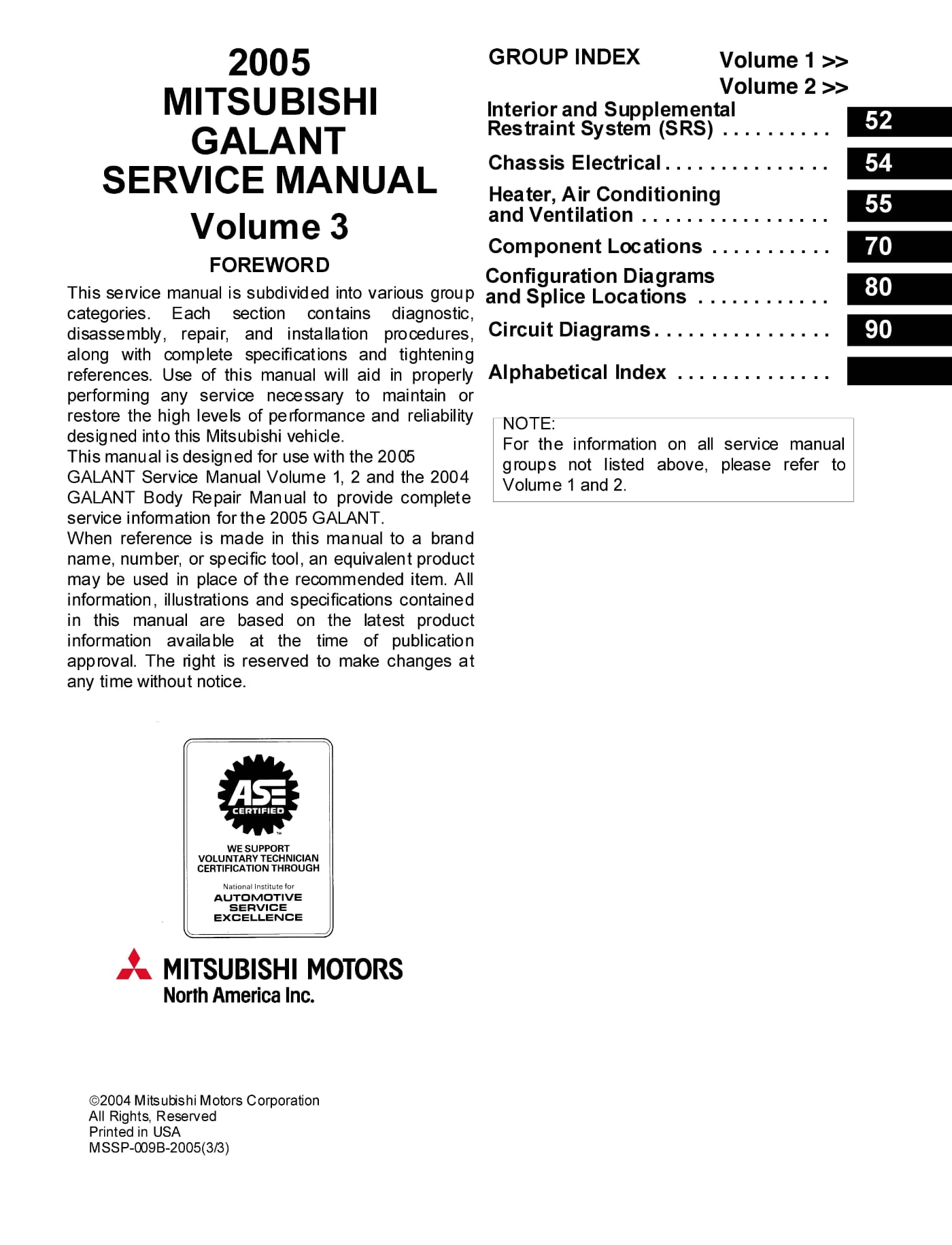 Table of Content 2005 Mitsubishi Galant Repair Manual - Volume 3