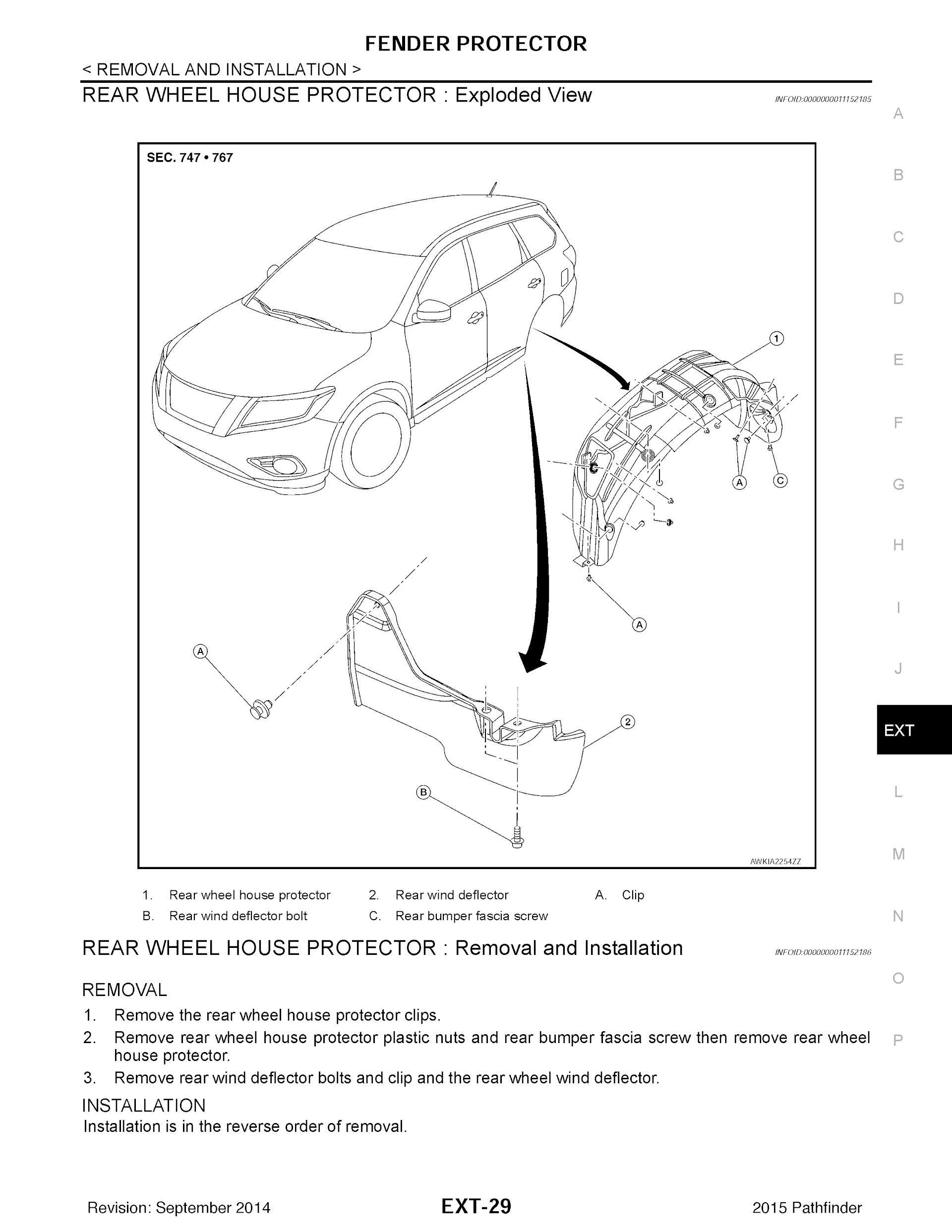 2015 Nissan Pathfinder Repair Manual, Fender Protector Removal and Installation