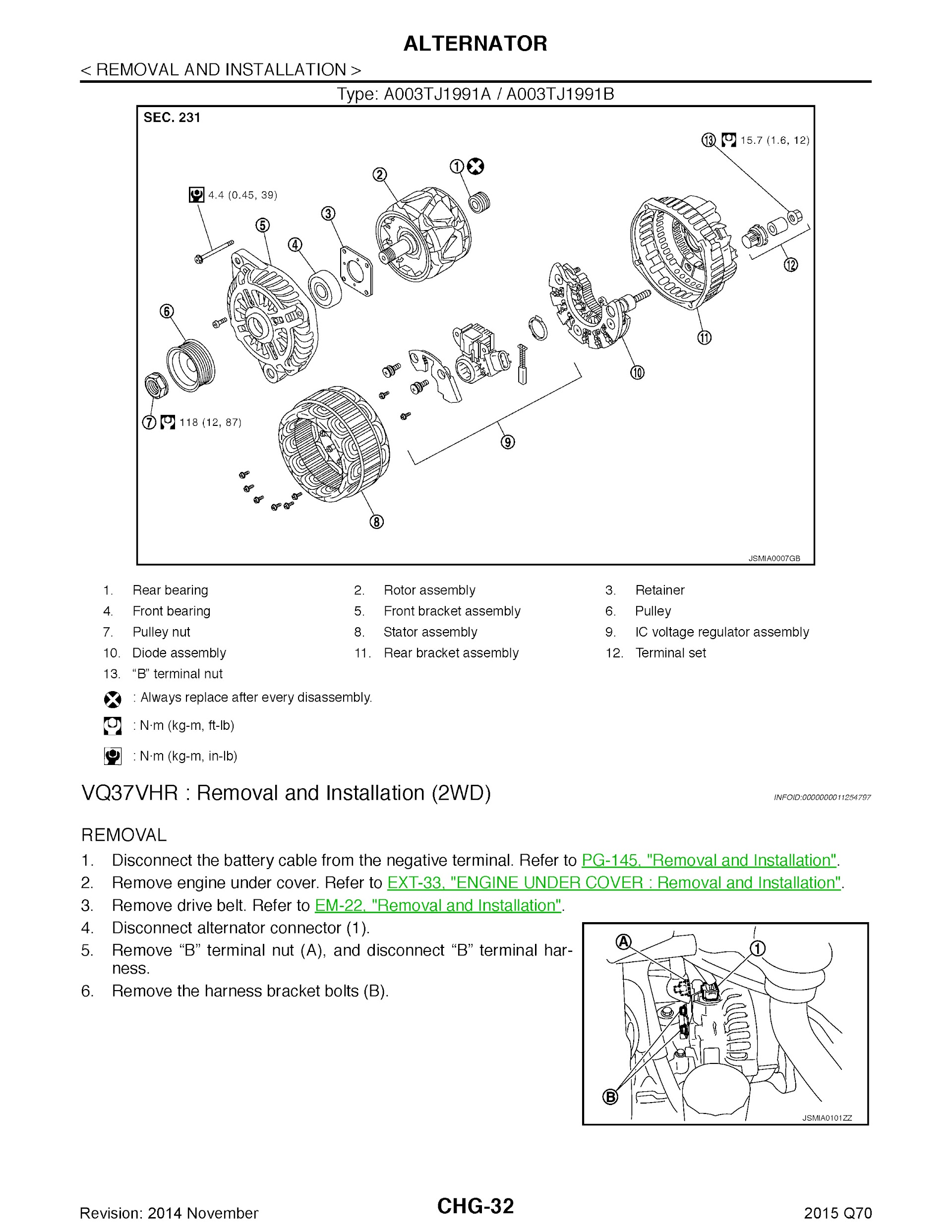 2015 Infiniti Q70 Repair Manual, Alternator Removal and Installation