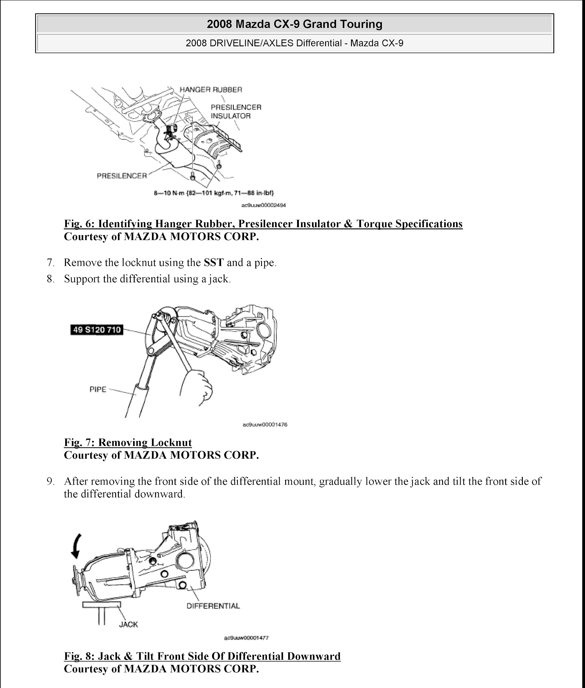2008 Mazda CX-9 Repair Manual "Grand Touring", Driveline, Axles Differential