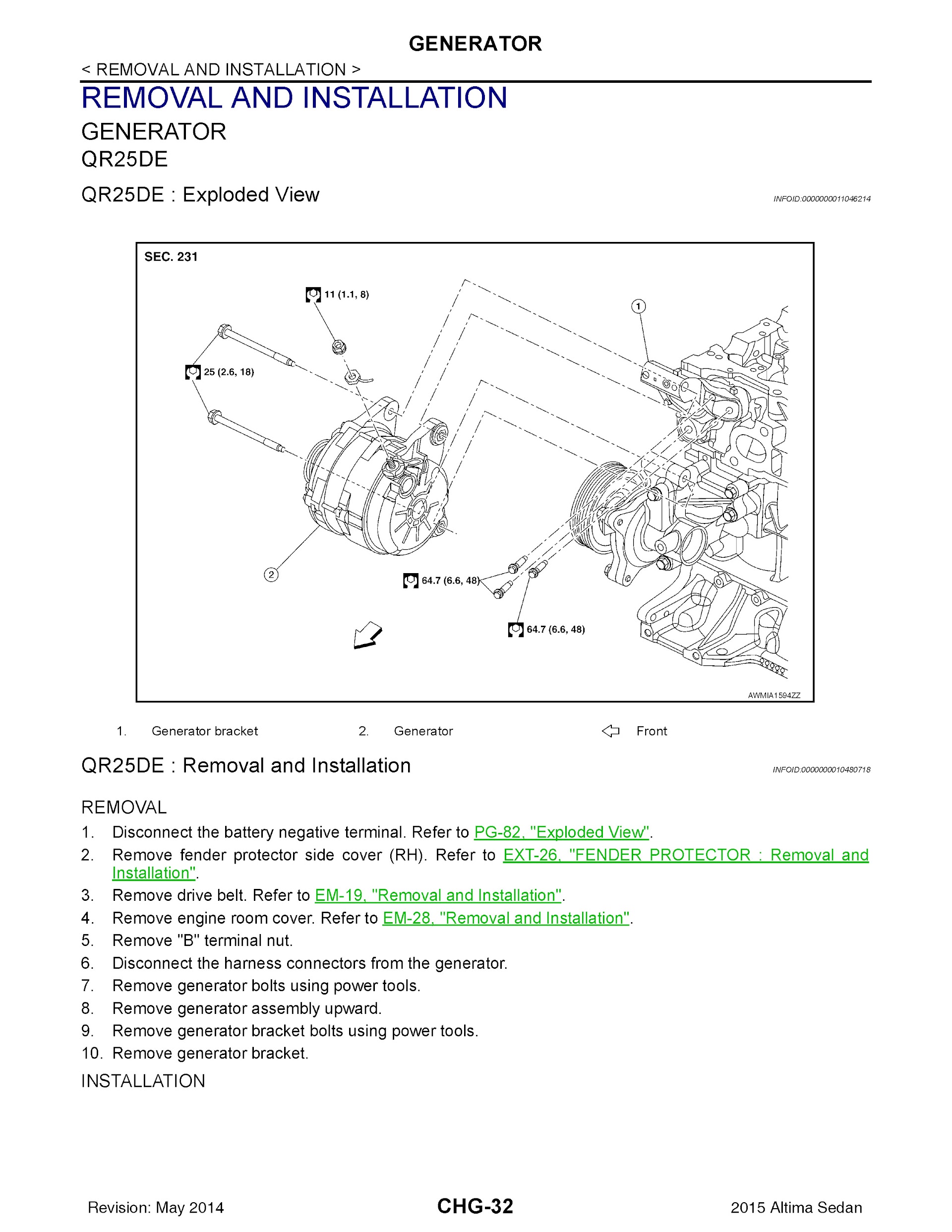 CONTENTS: 2015 Nissan Altima Repair Manual, generator removal and installation