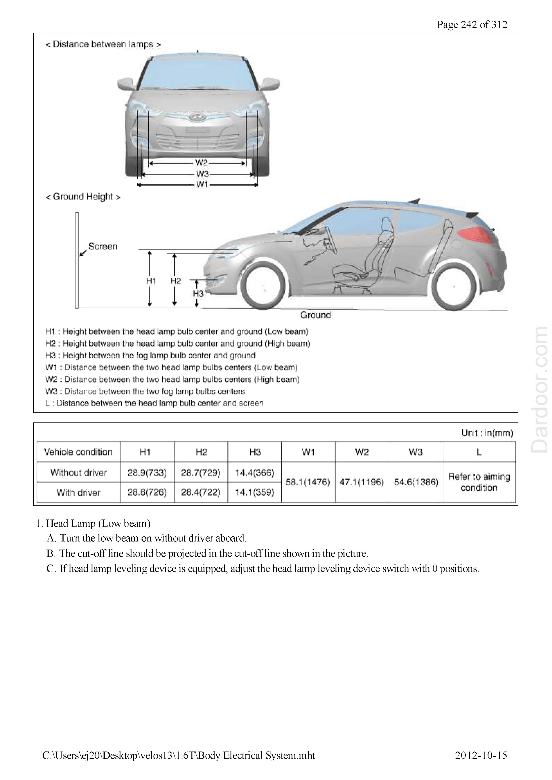 Hyundai Veloster Repair Manual, Head Lamp Adjustment