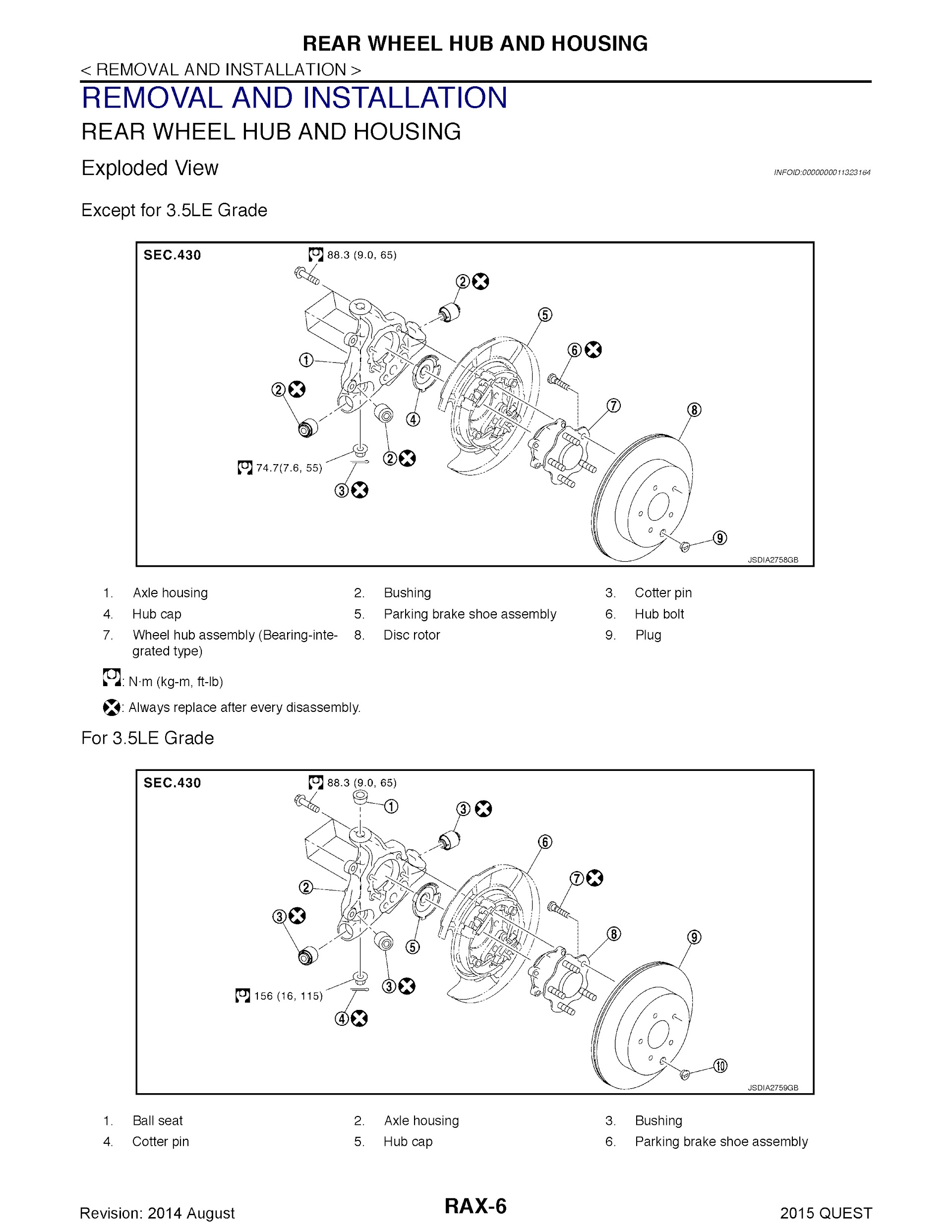 2015 Nissan Quest Repair Manual, Rear Wheel Hub and Housing Removal and Installation