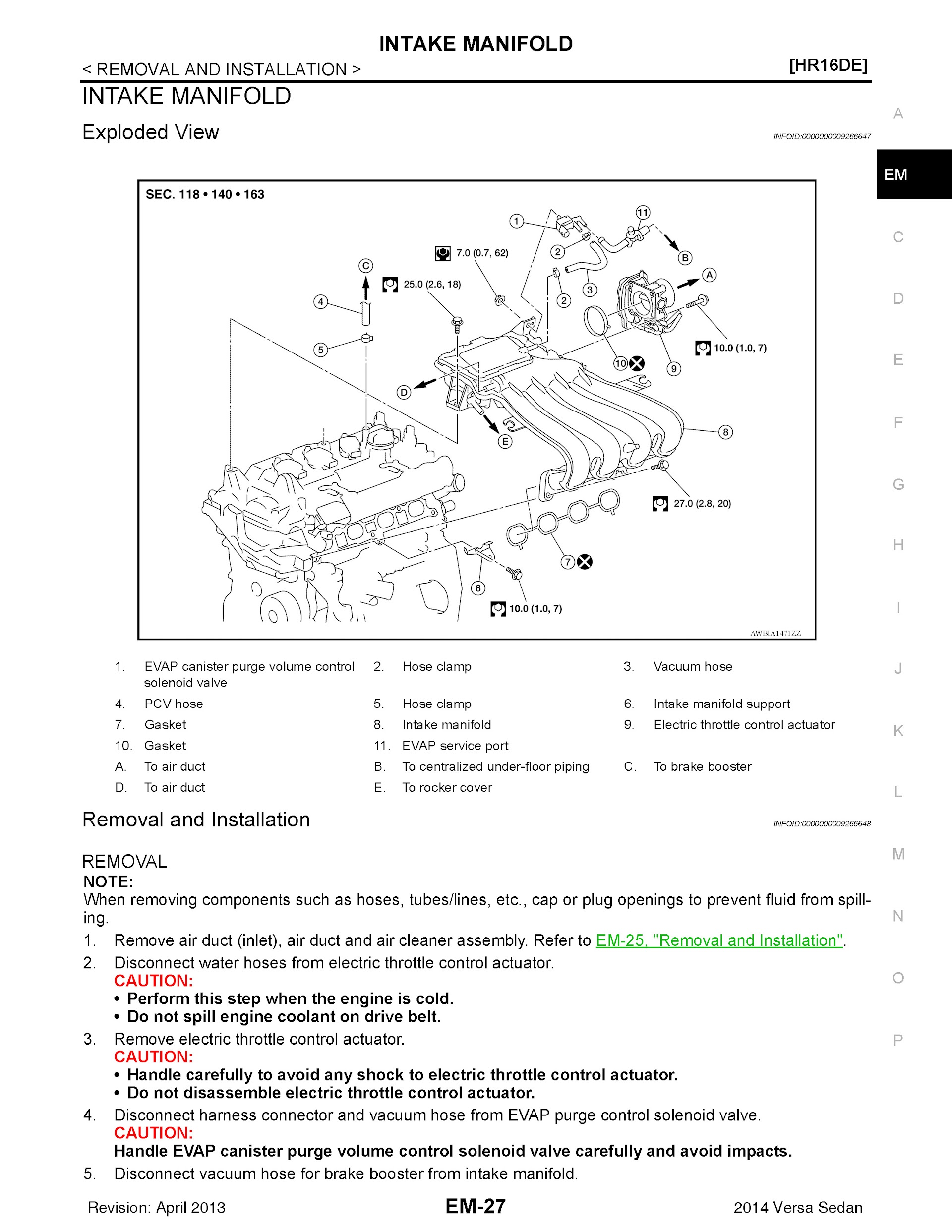 2014 Nissan Versa Sedan Repair Manual, Intake Manifold Removal and Installation