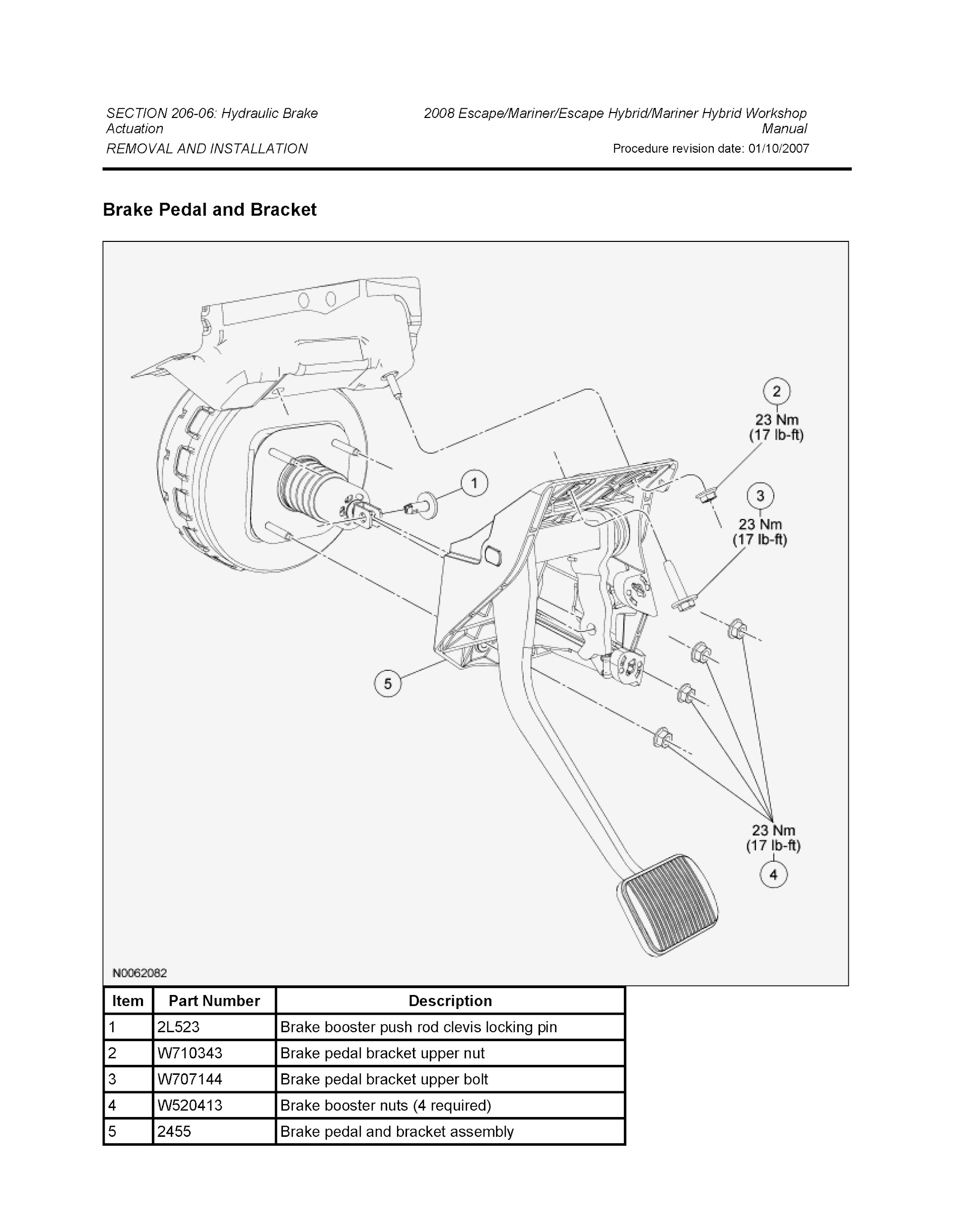2011 Ford Escape Repair Manual Brake Pedal and Bracket