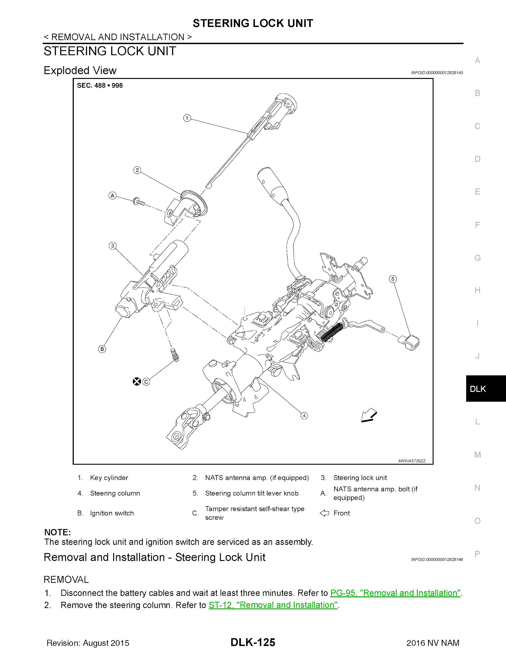 2016 Nissan NV Passenger Repair Manual, Steering Lock Unit
