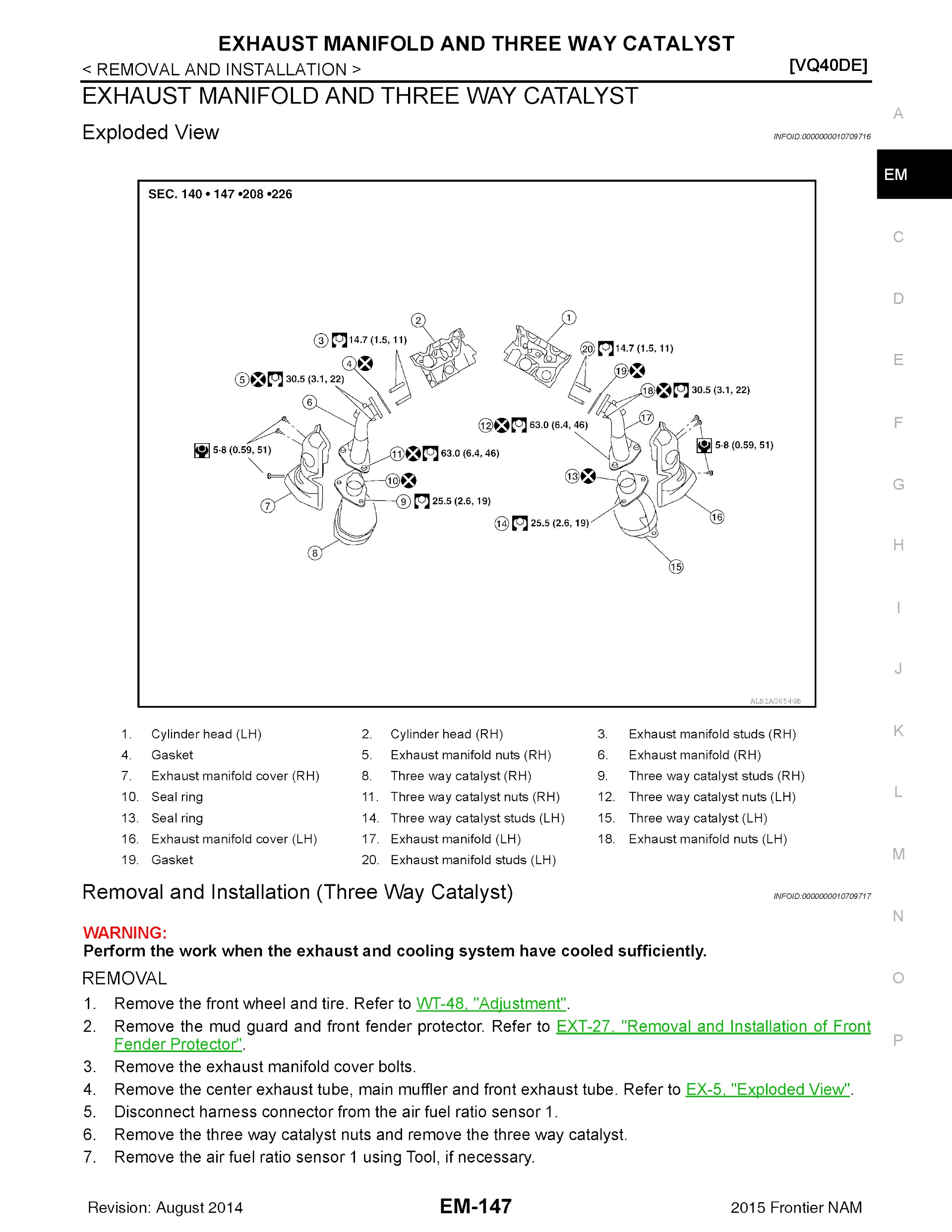 2015 Nissan Frontier Repair Manual, Exhaust Manifold and Three Way Catalyst