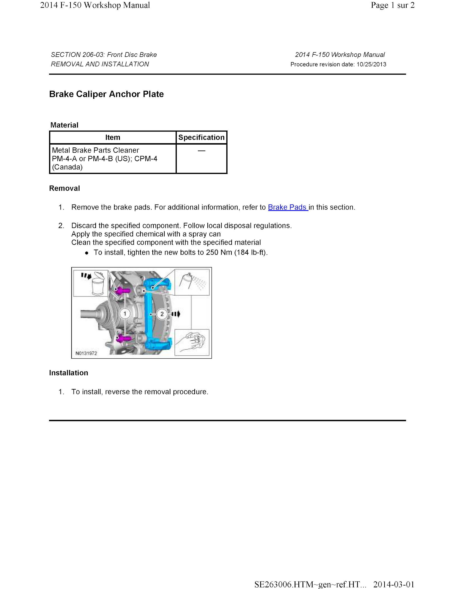 2011-2014 Ford F-150 Repair Manual, Front Disc Brake Removal and Installation