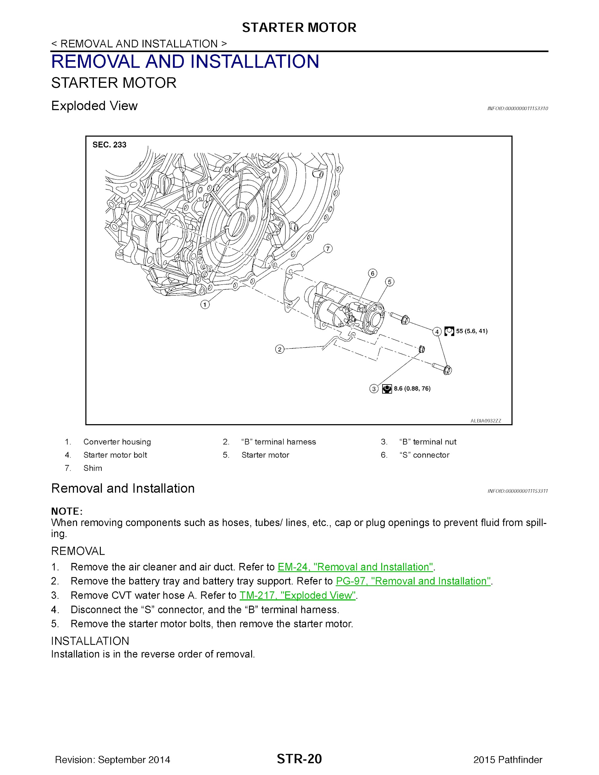 2015 Nissan Pathfinder Repair Manual, Starter Motor Removal and Installation