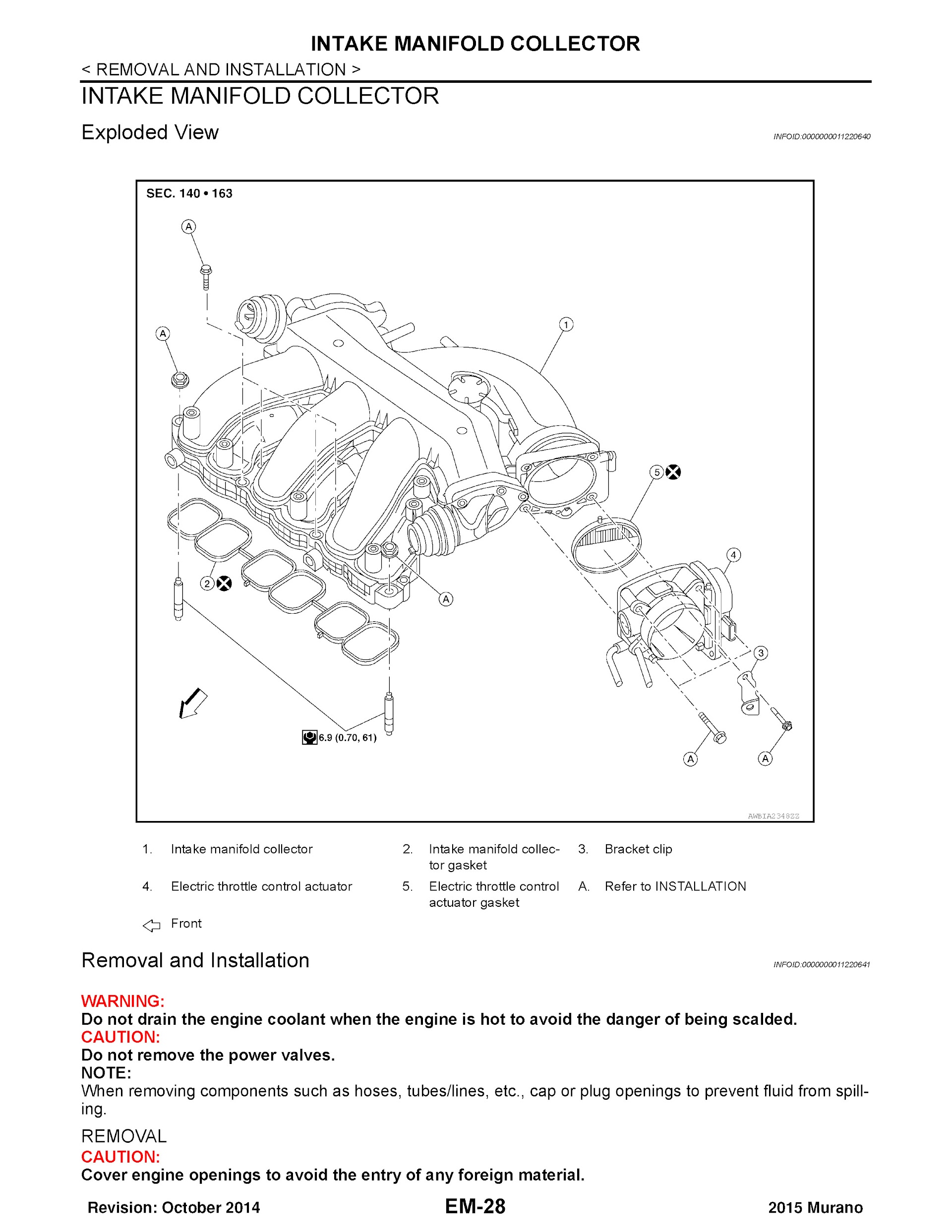 2015 Nissan Murano Repair Manual, Intake Manifold Removal and Installation