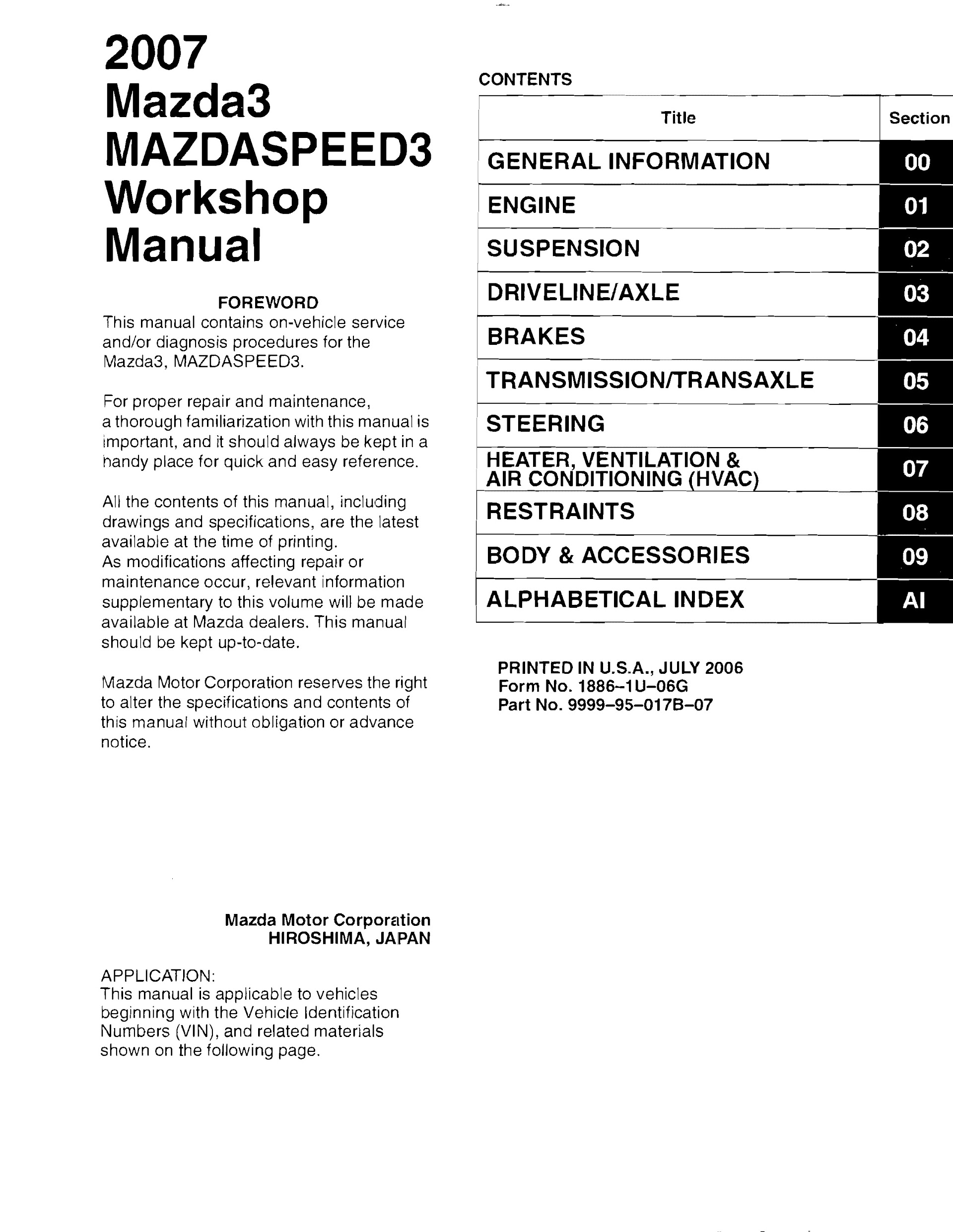 table of contents 2007 Mazda3 and Mazdaspeed3 Repair Manual
