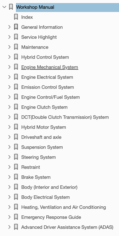 Table of Contents: 2020 Kia Nero Repair Manual