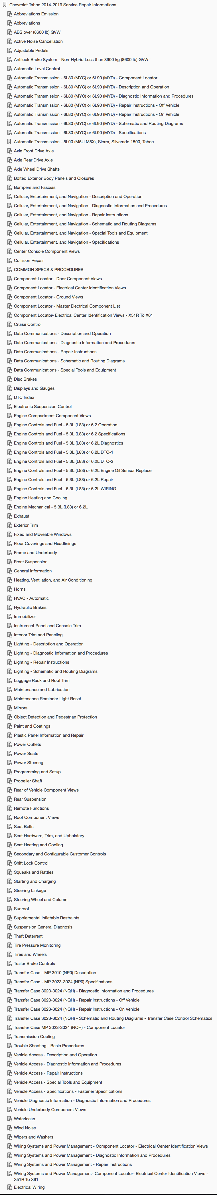 Table of Contents 2014-2019 Chevrolet Tahoe Repair Manual